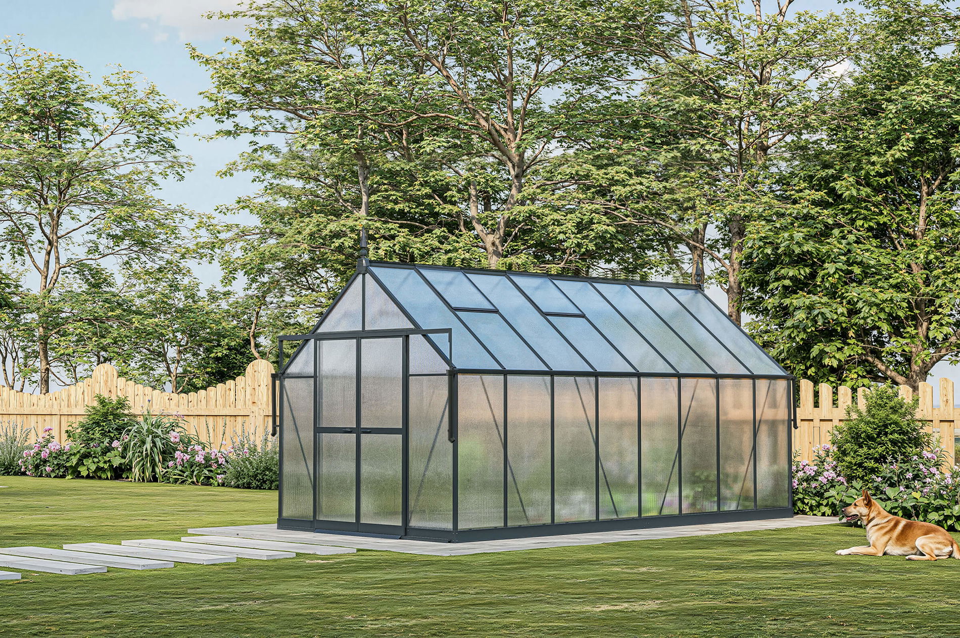 Serra Premium OUTFLEXX Verde, struttura nera, alluminio verniciato a polvere con policarbonato 6 mm e telaio in acciaio, 486 x 243 x 240 cm, 4 finestre, porta scorrevole