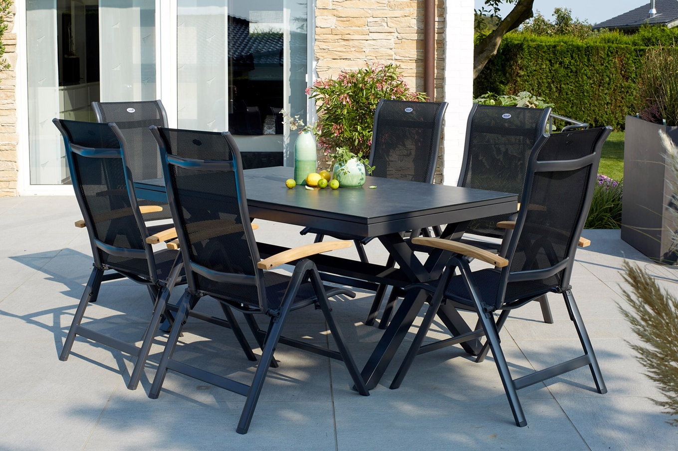 HARTMAN Xanadu / Alice Set da pranzo da giardino, xerix/naturale, Alu/Teak/Vetroceramica, 4x4 Textilen, 6 Sedie pieghevoli, 160/220x100cm, Braccioli in Teak 23245__1