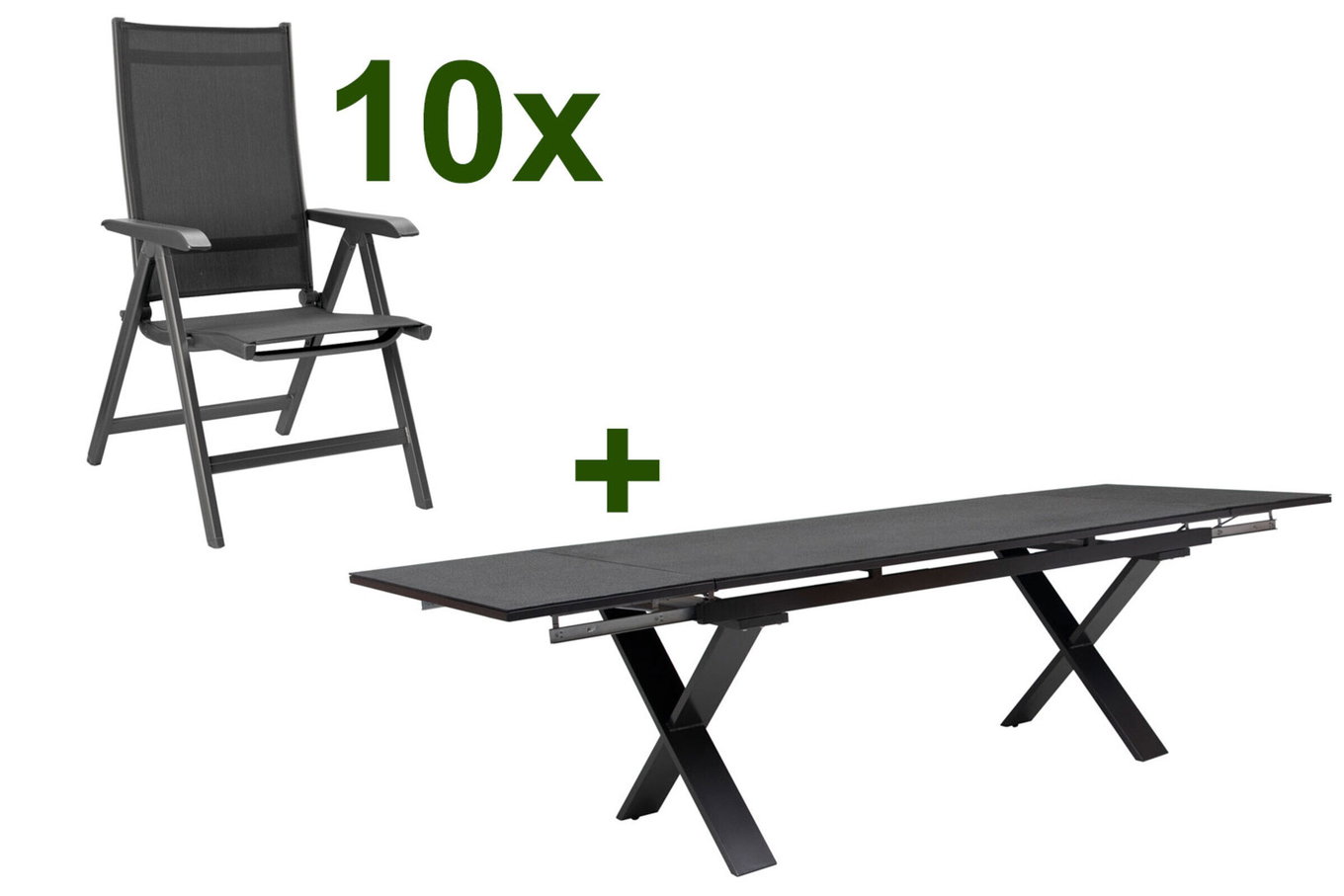 KETTLER BasicPlus Gruppo pranzo da giardino, antracite, Alluminio / Spraystone / Textilene, tavolo 180/280x100cm, 10 sedie pieghevoli 23075__1