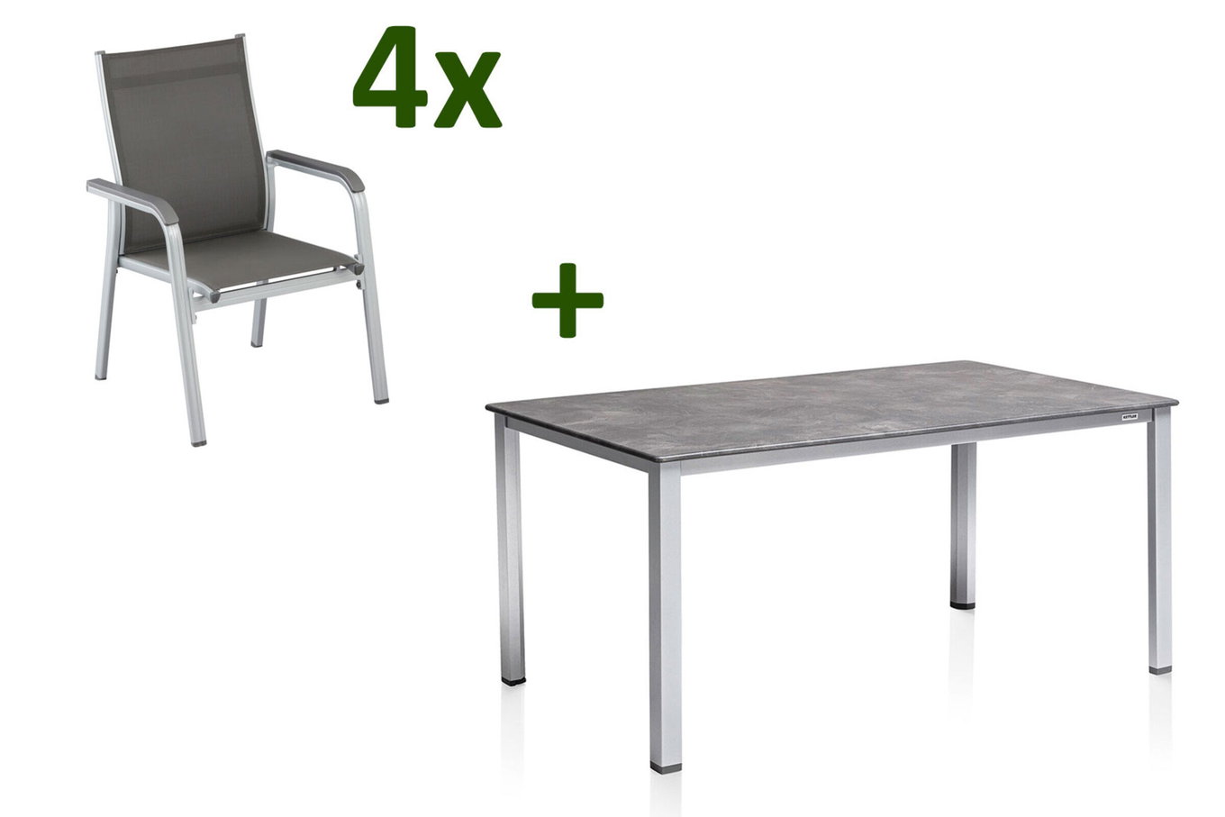 KETTLER Cubic/Basic Plus set da pranzo da giardino, argento/antracite, Alluminio/Textilene, tavolo 160x90 cm, 4 poltrone impilabili 28696__1