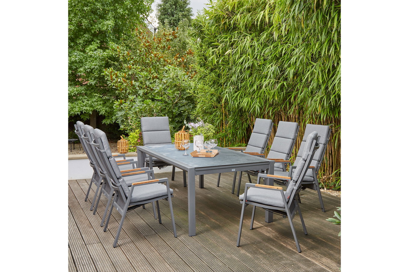 SIENA GARDEN Savona/Kingston Set da pranzo da giardino, grafite opaco/grigio/slate look, Alluminio/Teak/Ceramica/Texfabric, tavolo 220/340x108 cm, 8 poltrone impilabili 22048__1
