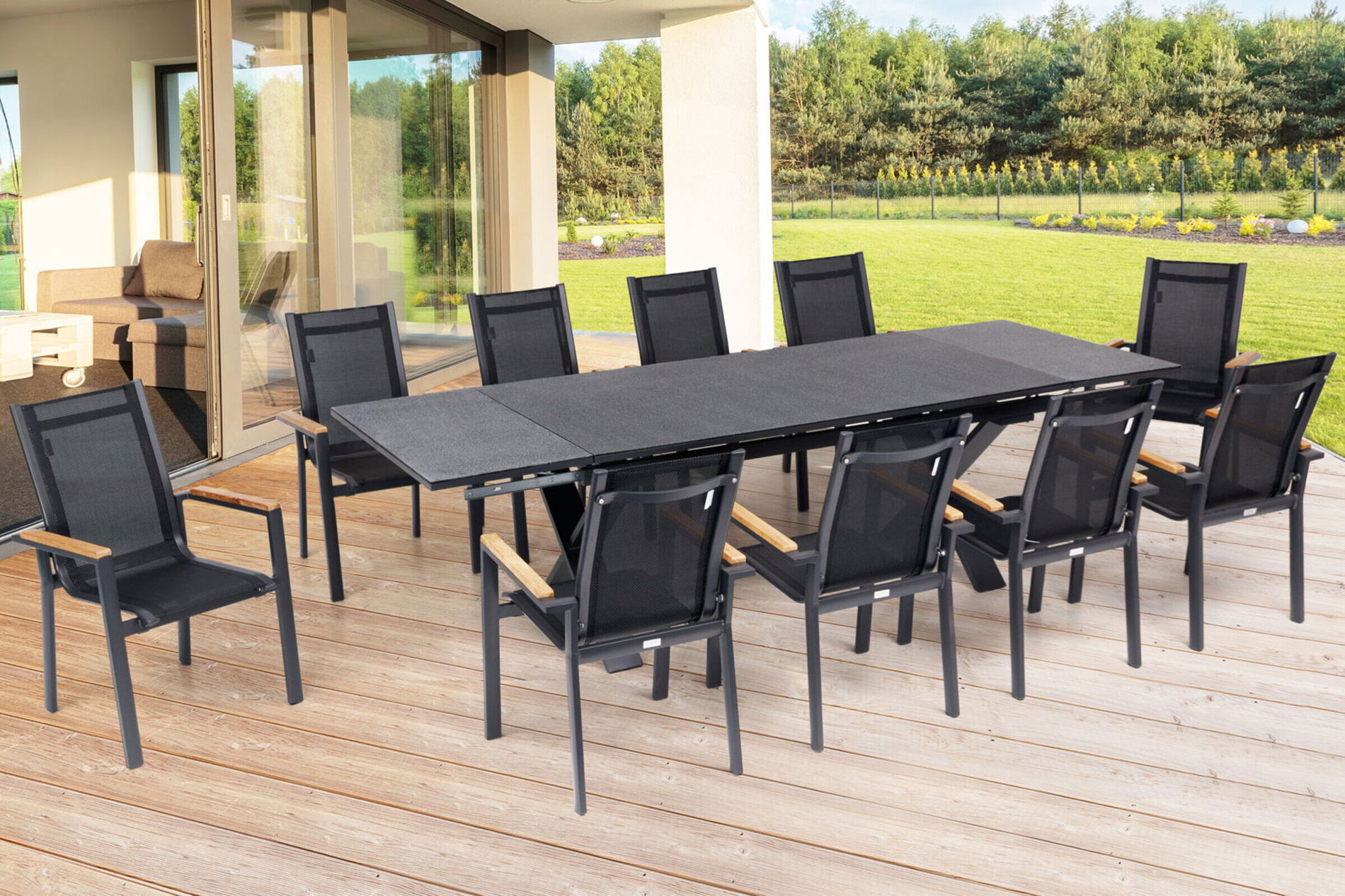 OUTFLEXX Set da Pranzo da Giardino, OUTFLEXX® antracite opaco, Alu / Spraystone / Teak, tavolo 180/280x100cm, 10 Poltrone Impilabili 22129__1