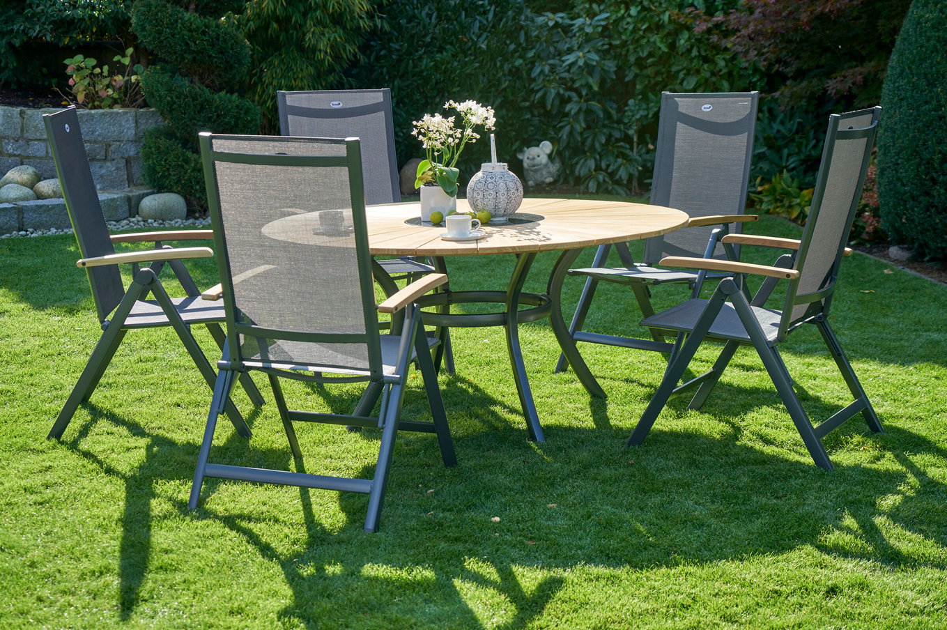HARTMAN Provence / Aruba Gruppo da pranzo da giardino, xerix/antracite, Alluminio/Legno di teak, 4x4 Textilen, 5 Sedie pieghevoli, ca. 150cm, incl. secchiello per il ghiaccio 21191__1