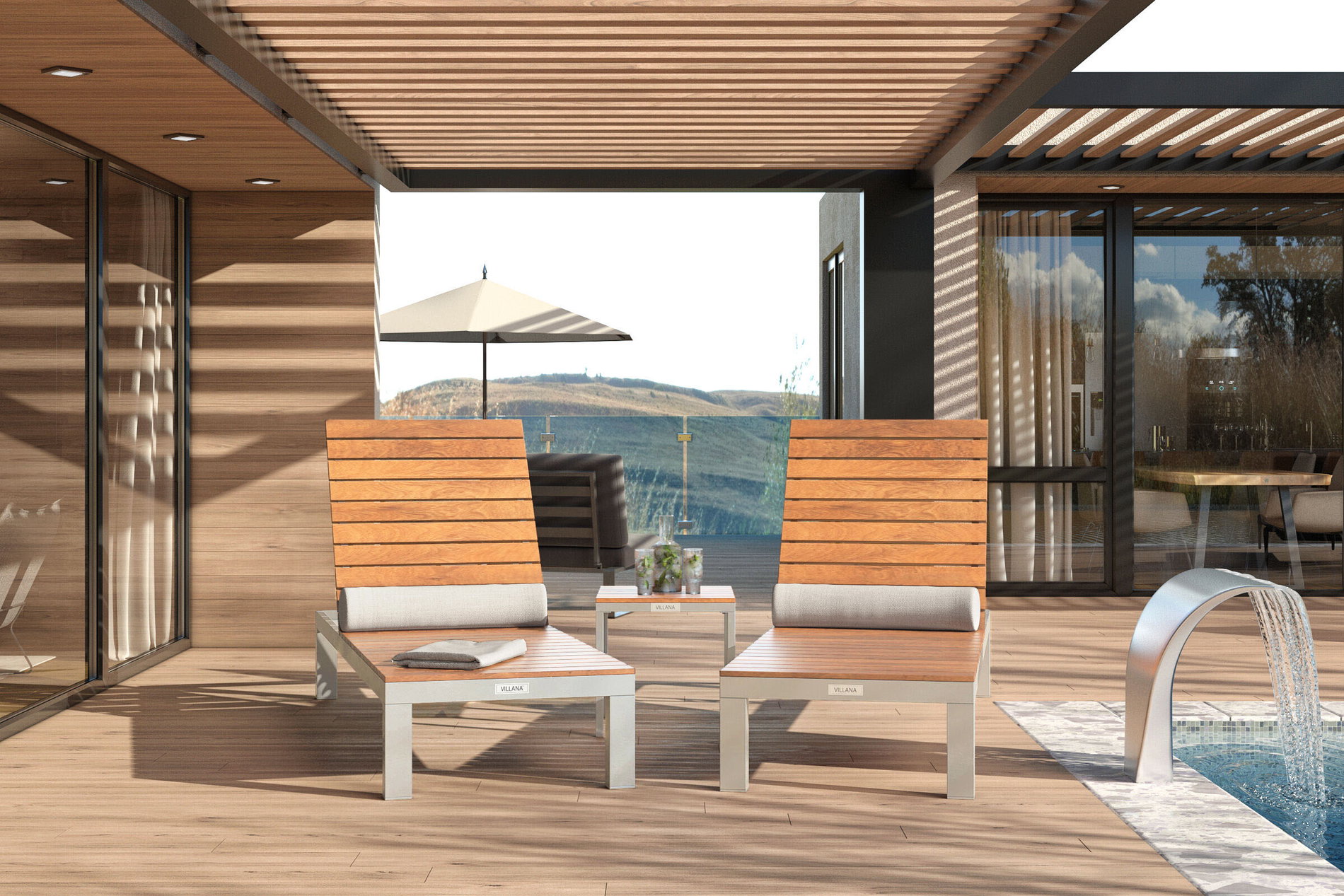 Villana Set 2 lettini prendisole, Alluminio/Legno di eucalipto, 201x70x32,5cm, regolabile su 4 posizioni, con tavolino 45x45cm, prodotto certificato FSC® 80344__1