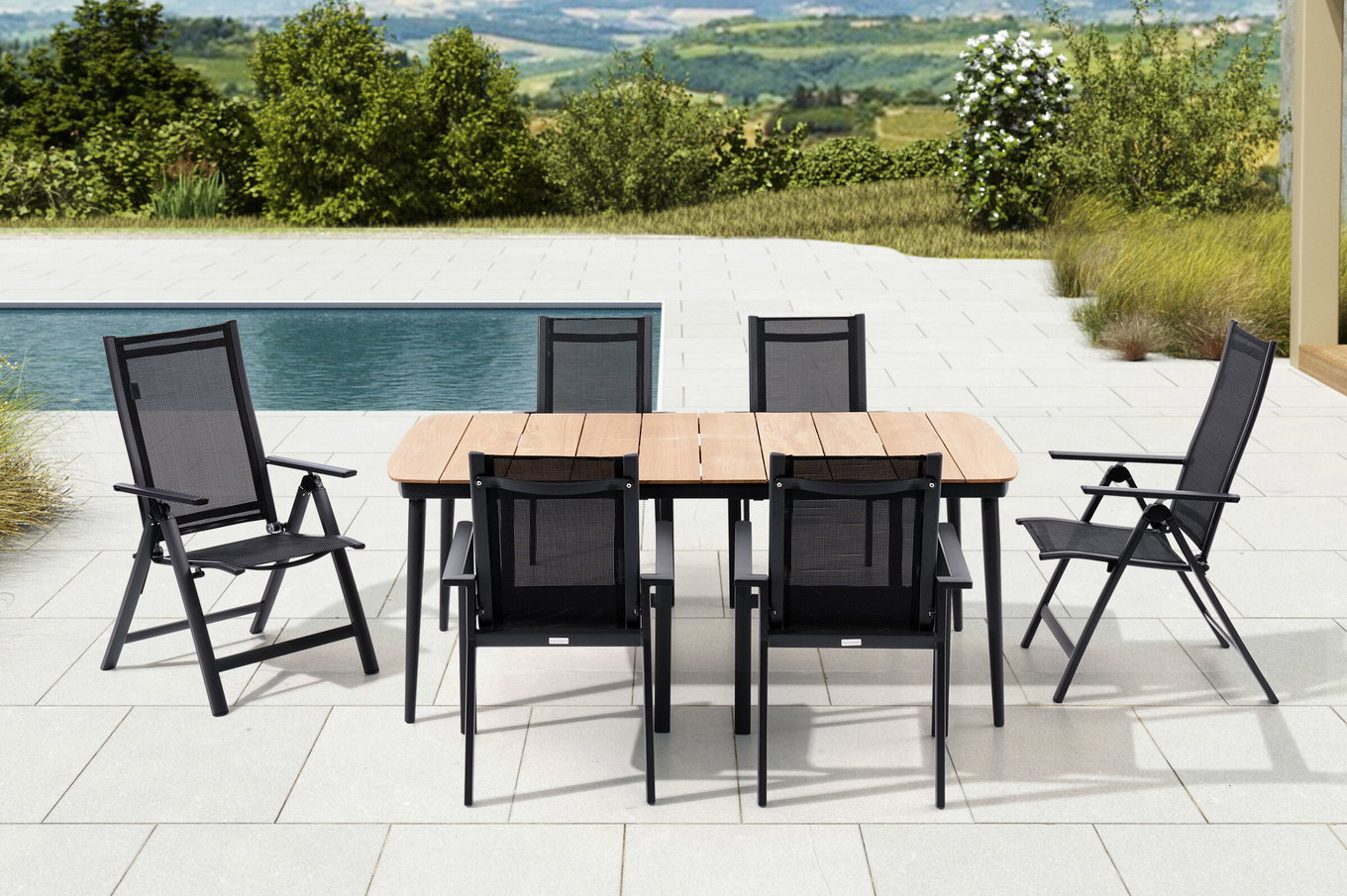 OUTFLEXX Set Tavolo da Pranzo da Giardino, antracite opaco, Alluminio/Teak/Textil, 185 x 100 cm, 4 Sedie Impilabili, 2 Sedie Pieghevoli 28211__1