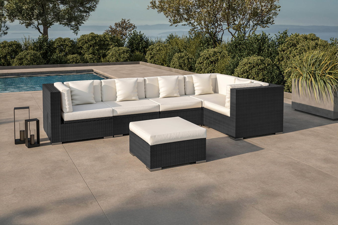 OUTFLEXX salotto da giardino Polirattan, crema/bianco, nero, per 5 persone, incl. tavolino da caffè, contenitore cuscini impermeabile 1714_BOX_B__1