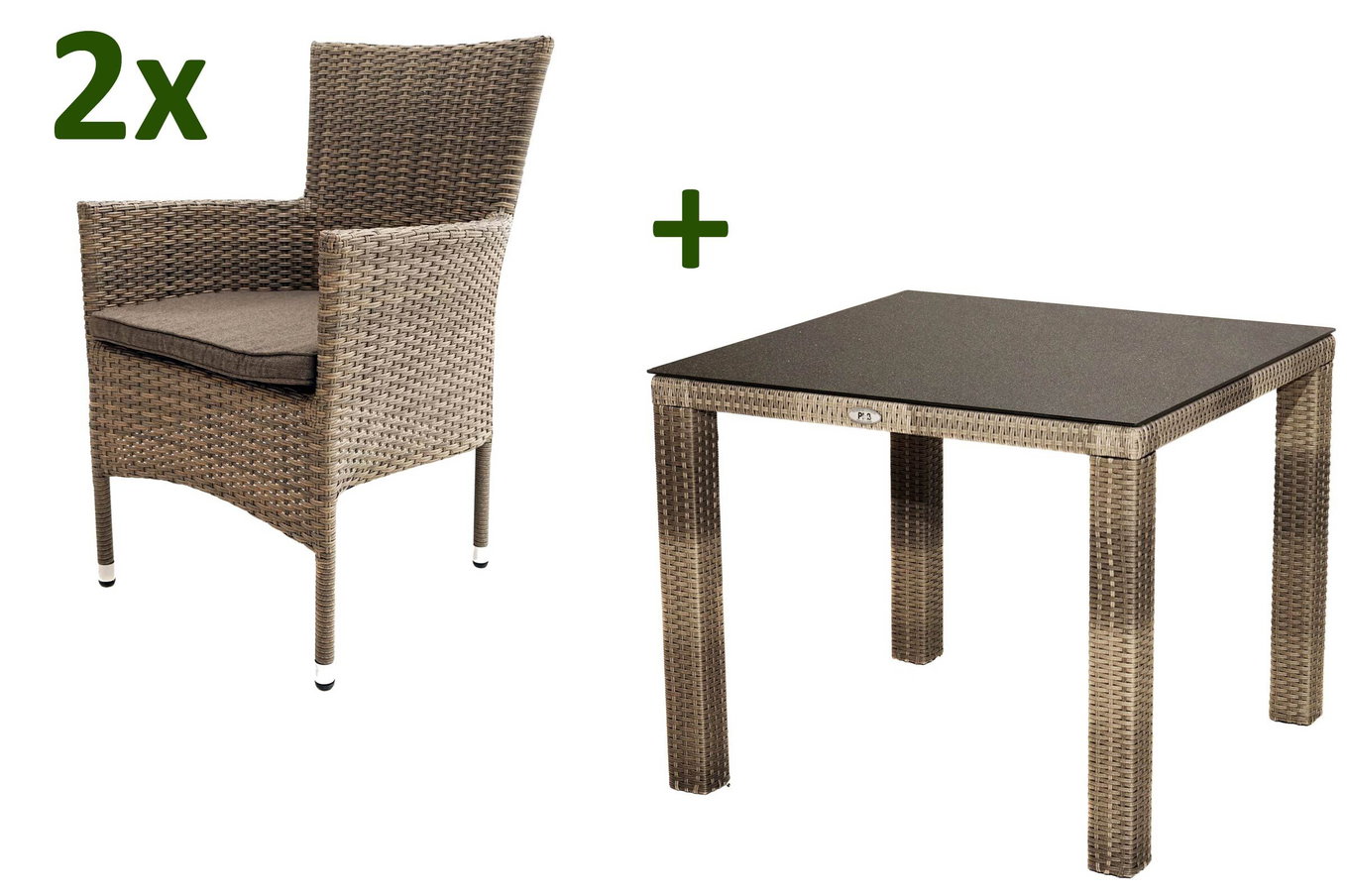 OUTFLEXX Rabida Balkon-Set, champagner-meliert, Polyrattan, Tisch 90x90 cm, 2 Stapelsessel, Glasplatte in Steinoptik 21070__1