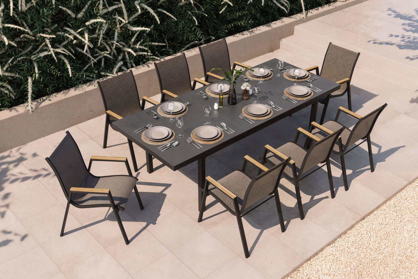HARTMAN Aruba Teak Set da pranzo da giardino, xerix, Alu/Textilene, tavolo 180/240x100cm, 8 Poltrone impilabili 19340__1