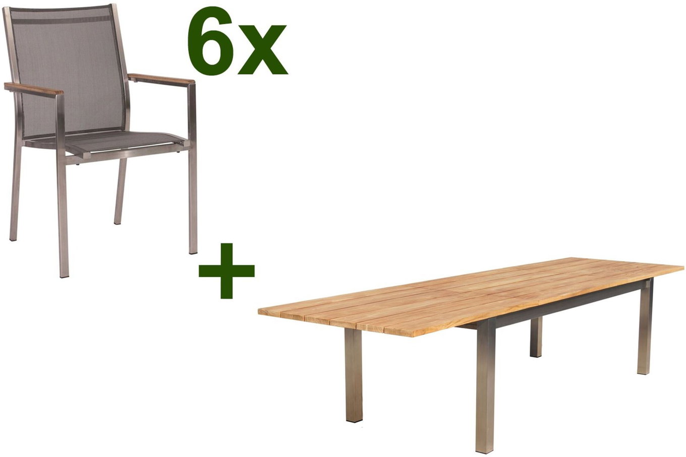 STERN Cardiff Set da pranzo da giardino, argento/grigio argento, acciaio inox/teak, tavolo 220/340 x 100 cm, 6 poltrone impilabili, prodotto certificato FSC® 19744__1