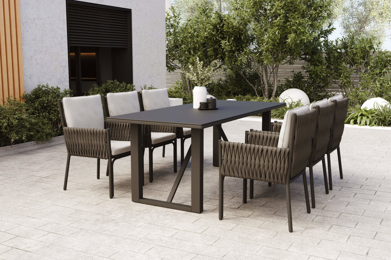 OUTFLEXX Mermaid Set da pranzo da giardino, antracite, Alu/Rope, 6 persone, incl. cuscini seduta e schienale, tavolo 200x90 cm 22873__1