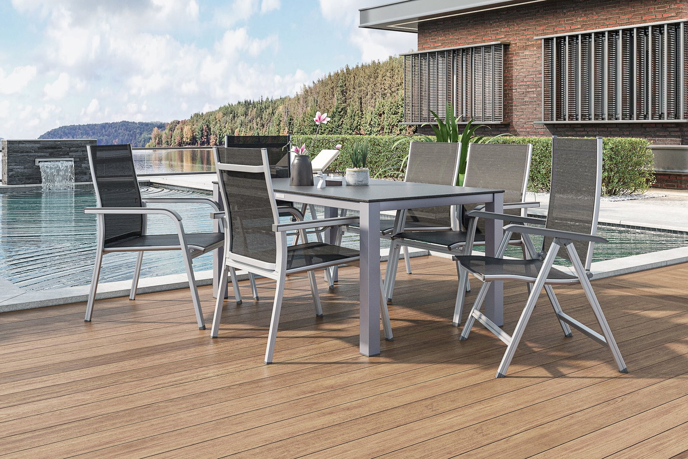KETTLER BasicPlus Gruppo da pranzo da giardino, argento/antracite, Alu/Spraystone/Textil, 160 x 95 cm, 4 Poltrone impilabili, 2 Sedie pieghevoli 28320__1