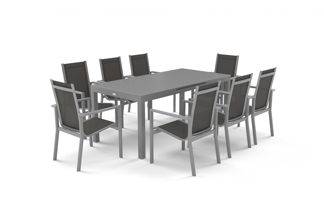 Gruppo tavolo da pranzo Premium OUTFLEXX, argento/grigio, alluminio/textilene, tavolo allungabile 180/240 x 100 cm, 8 poltroncine impilabili 21434__1