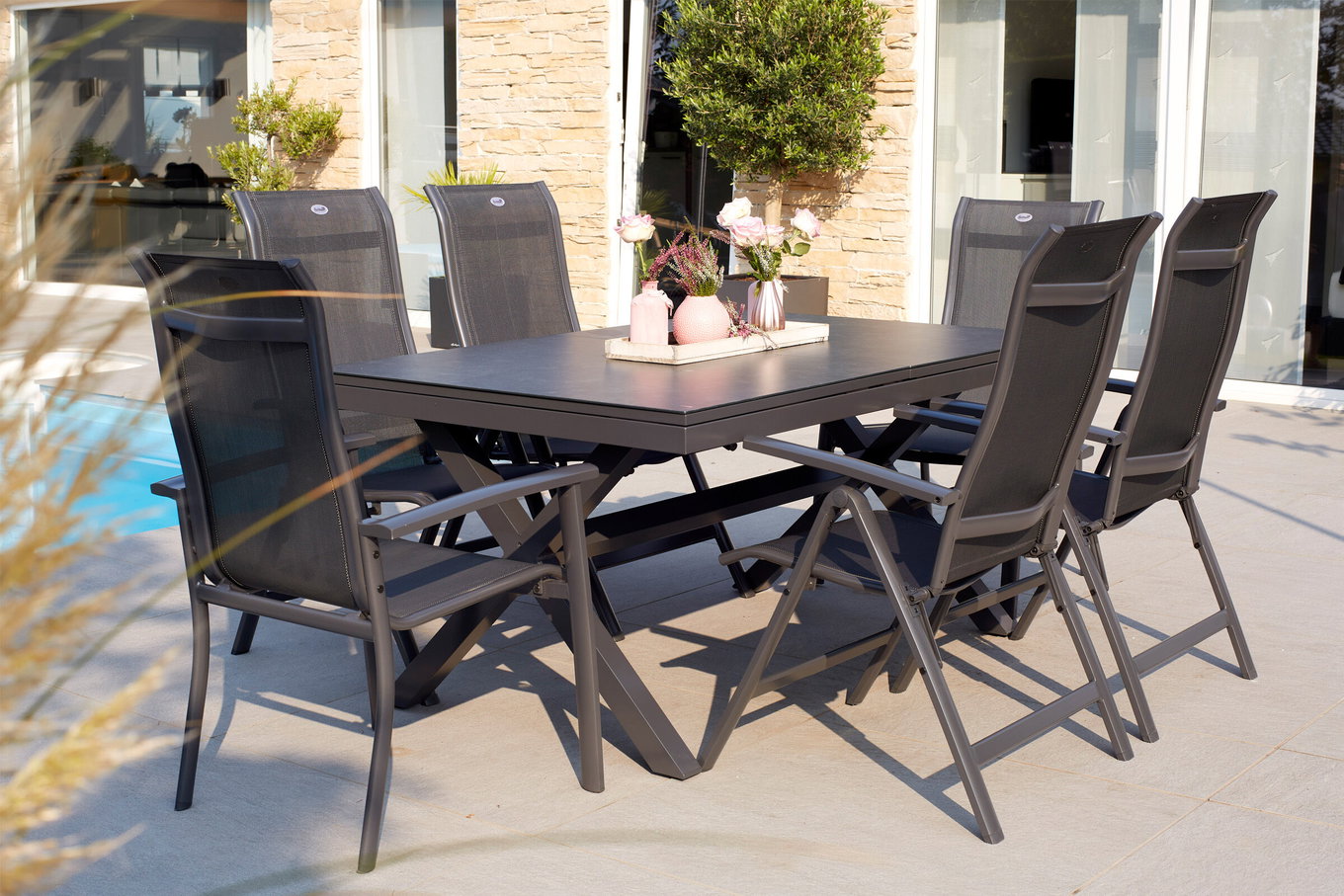 HARTMAN Xanadu / Alice Gruppo pranzo da giardino, xerix, Alluminio/Textilene/Vetroceramica, 2 poltrone impilabili, 4 sedie pieghevoli, 160/220x100cm 23262__1