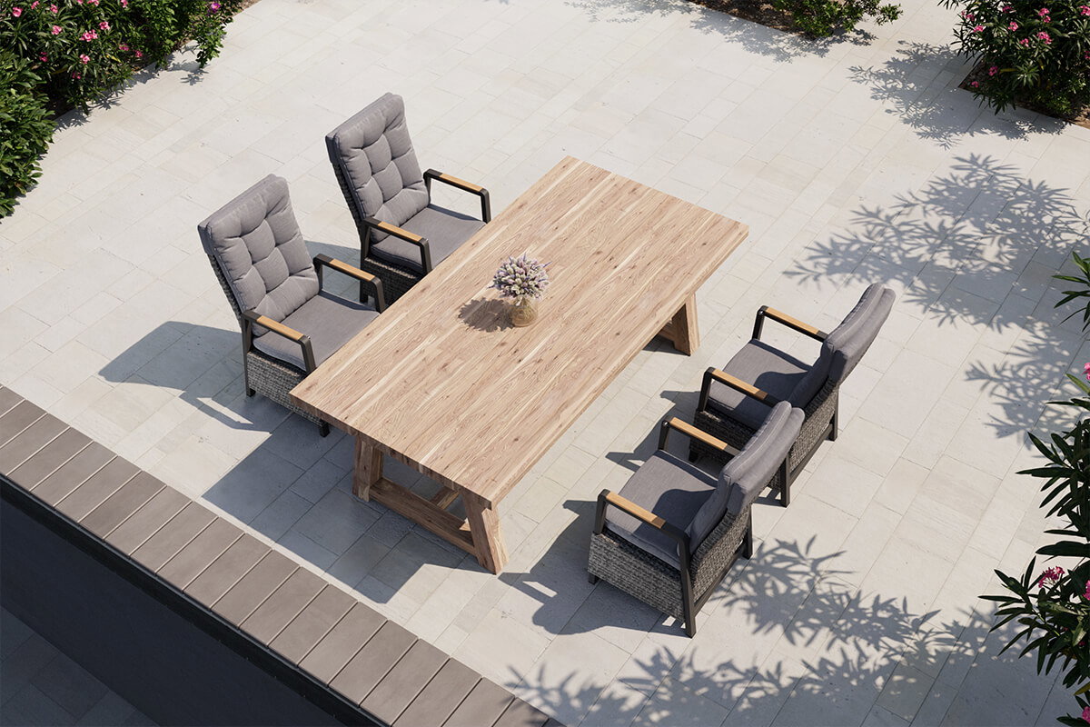 OUTFLEXX Nova Garten-Essgruppe mit 4 Sesseln, anthrazit/grau/natur, Alu/Polyrattan, 220 x 110 cm Tisch, verstellbare Rückenlehne mit Teak-Armlehnen, FSC®-zertifiziertes Produkt OUTFLEXX Nova Garten-Essgruppe mit 4 Sesseln, anthrazit/grau/natur, Alu/Polyrattan, 220 x 110 cm Tisch, verstellbare Rückenlehne mit Teak-Armlehnen, FSC®-zertifiziertes Produkt