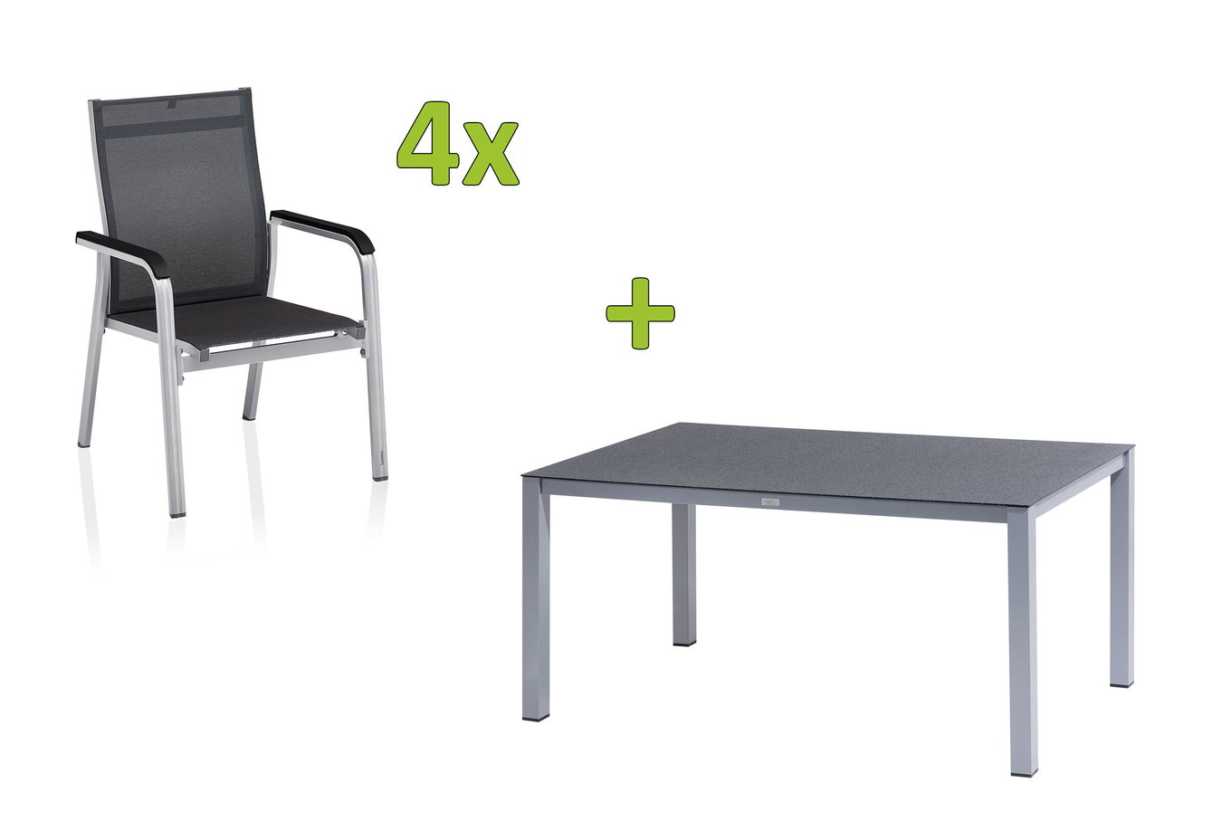 KETTLER BasicPlus Premium Set da pranzo da giardino, argento, Alu/Spraystone, tavolo 160x95 cm, 4 poltrone impilabili 31572__1