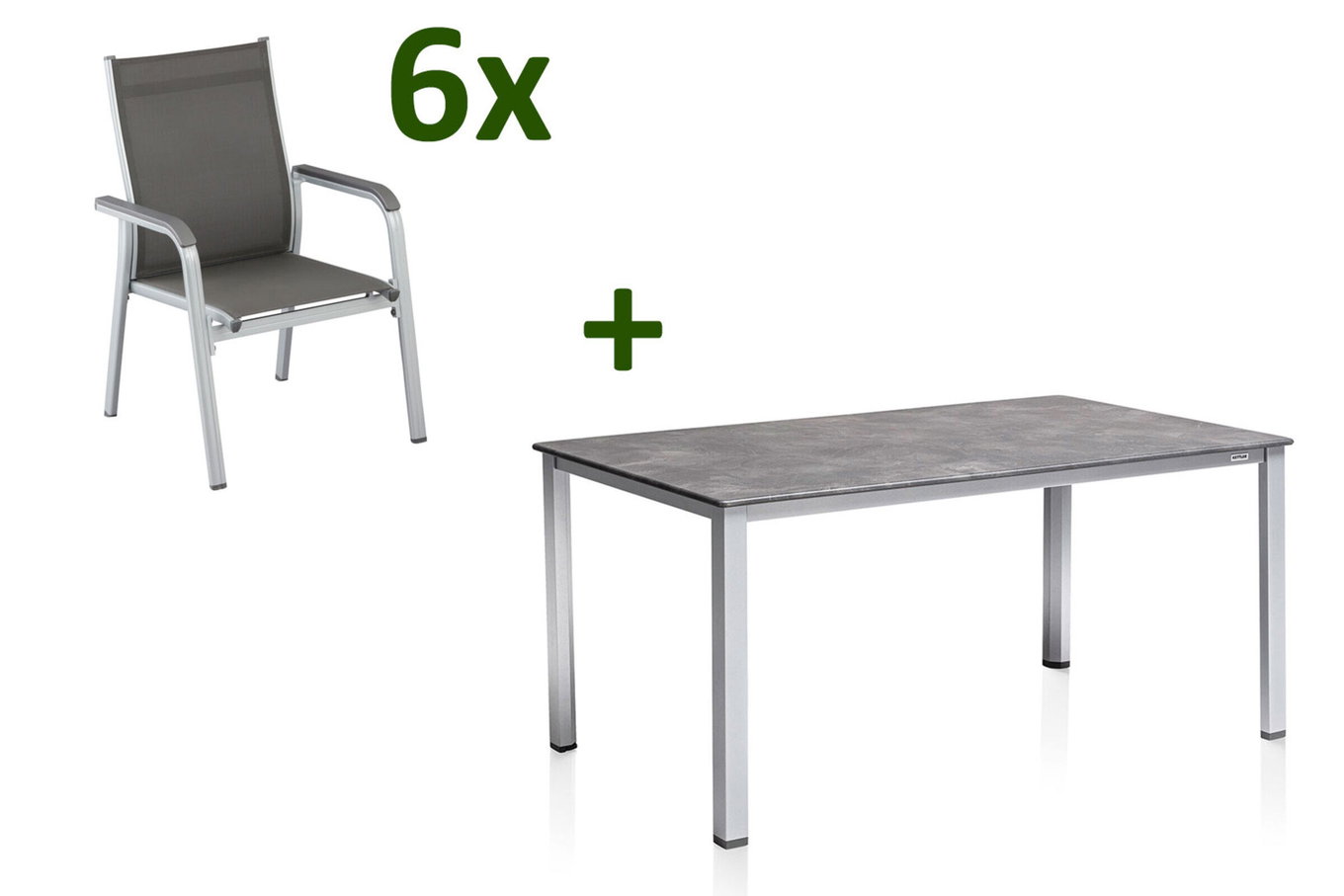 KETTLER Cubic/Basic Plus Gruppo pranzo da giardino, argento/antracite, Alluminio/Textilene, tavolo 160x90 cm, 6 Poltrone impilabili 28697__1