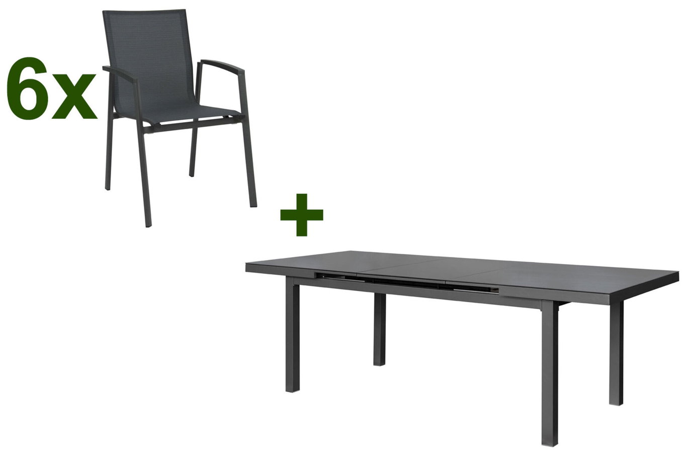 Set da pranzo da giardino STERN New Top, antracite, alluminio / vetro / textilene, tavolo 180/240x100cm, 6 sedie impilabili 22989__1