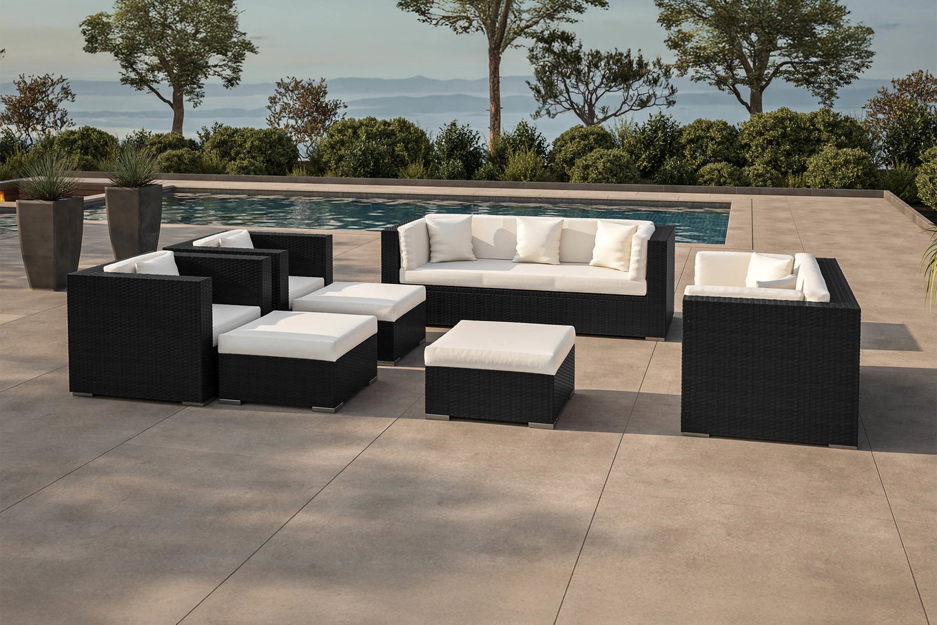 OUTFLEXX salotto da giardino, crema/bianco, crema/bianco, nero, Polyrattan, per 9, incl. tavolino da caffè, contenitore per cuscini impermeabile Persone 1716_BOX_B__1