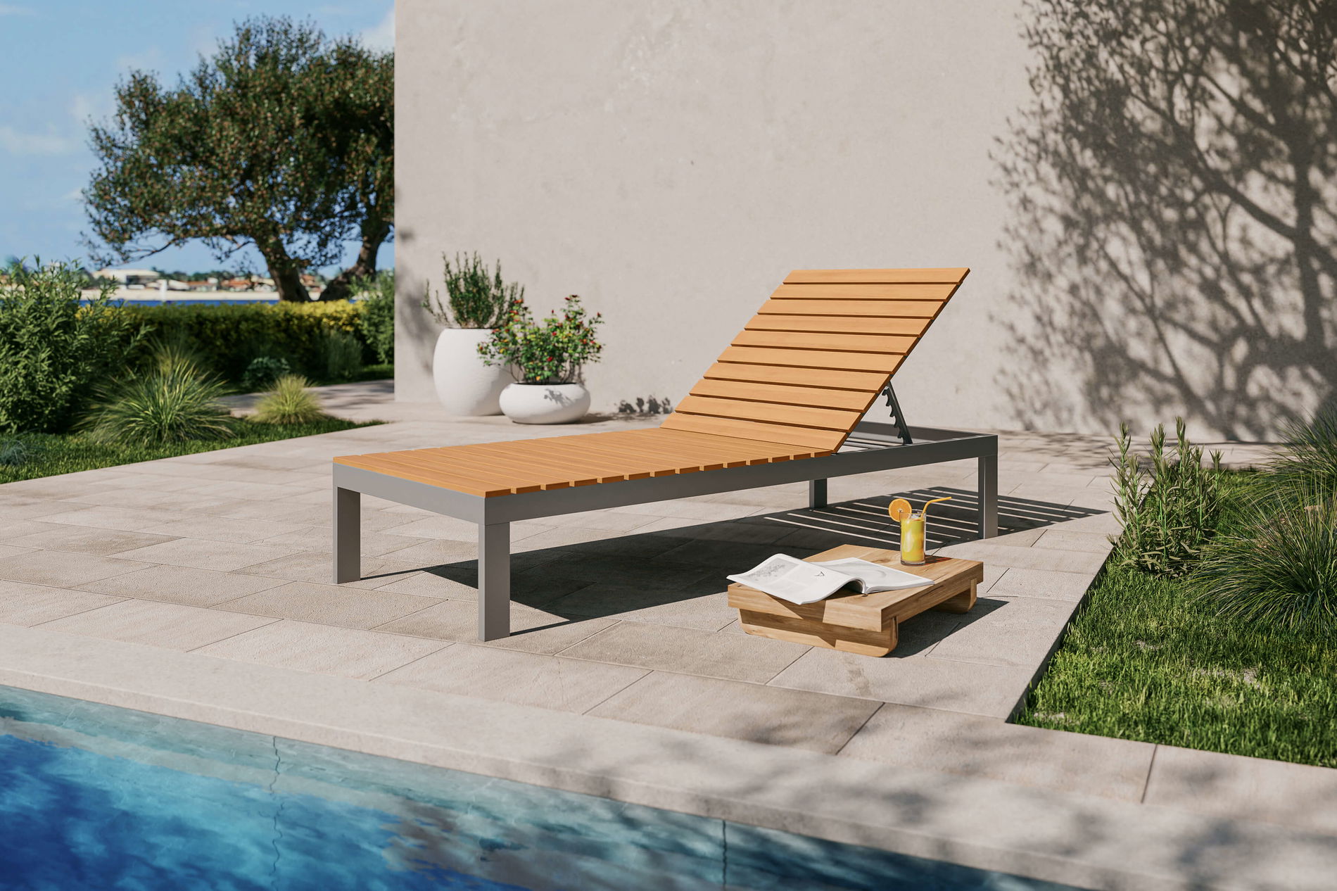 VILLANA Tasmania Lettino prendisole, argento, alluminio/eucalipto, elevata capacità di carico, angolazioni regolabile orizzontalmente, prodotto certificato FSC®