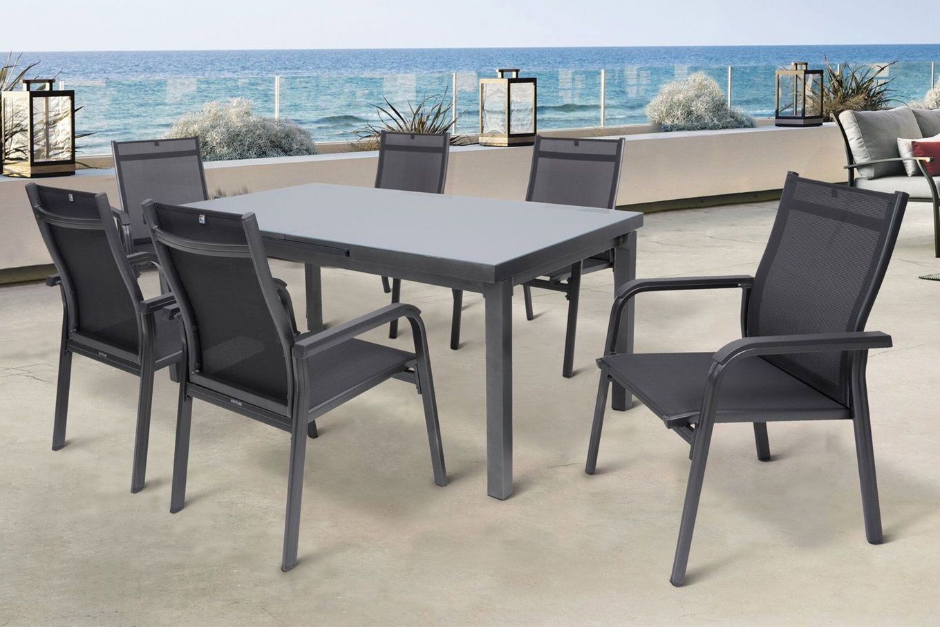 KETTLER BasicPlus Gruppo Pranzo da Giardino, antracite, Alu/Textilene, tavolo 180/240x100cm, 6 Poltrone Impilabili 19315__1