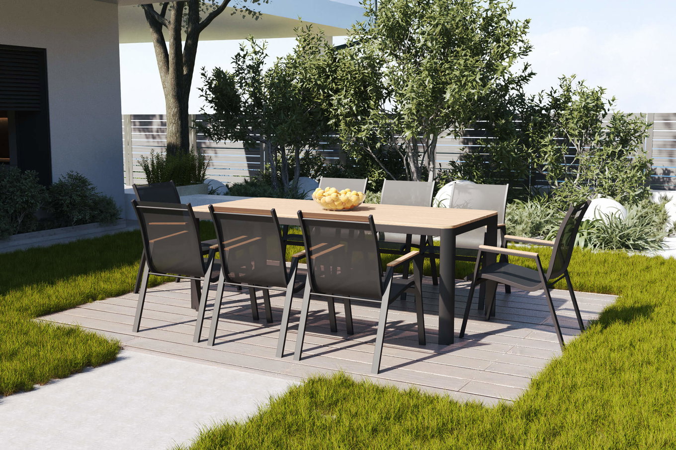 OUTFLEXX Tallinn Gruppo pranzo da giardino con 8 sedie impilabili, antracite opaco/naturale, alluminio/imitazione legno, 200 x 90 cm 20398__1