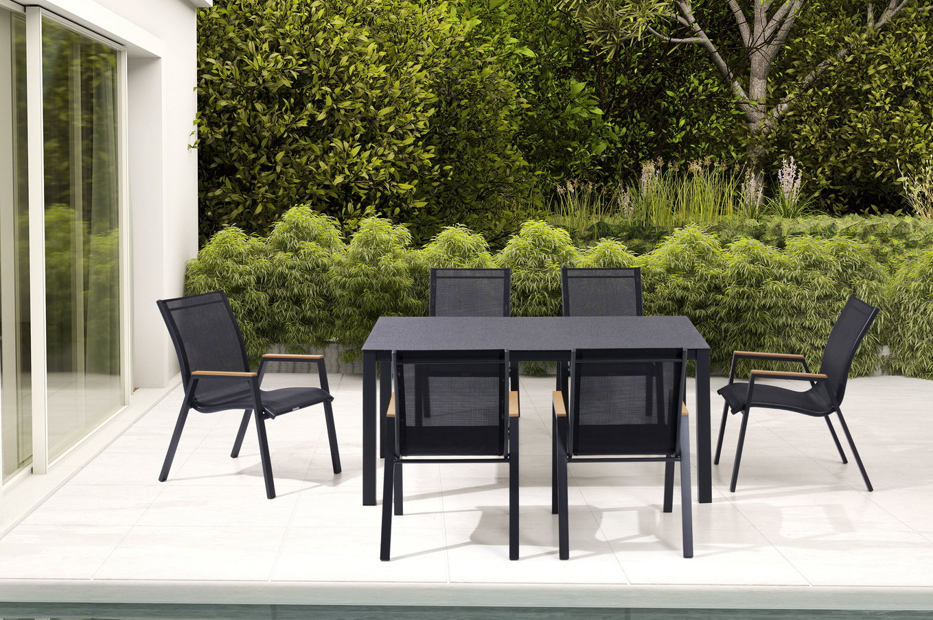 OUTFLEXX Gruppo tavolo da pranzo da giardino, antracite opaco/nero, Alu/Spraystone/Textilene, 160x95 cm, 6 sedie impilabili 28193__1