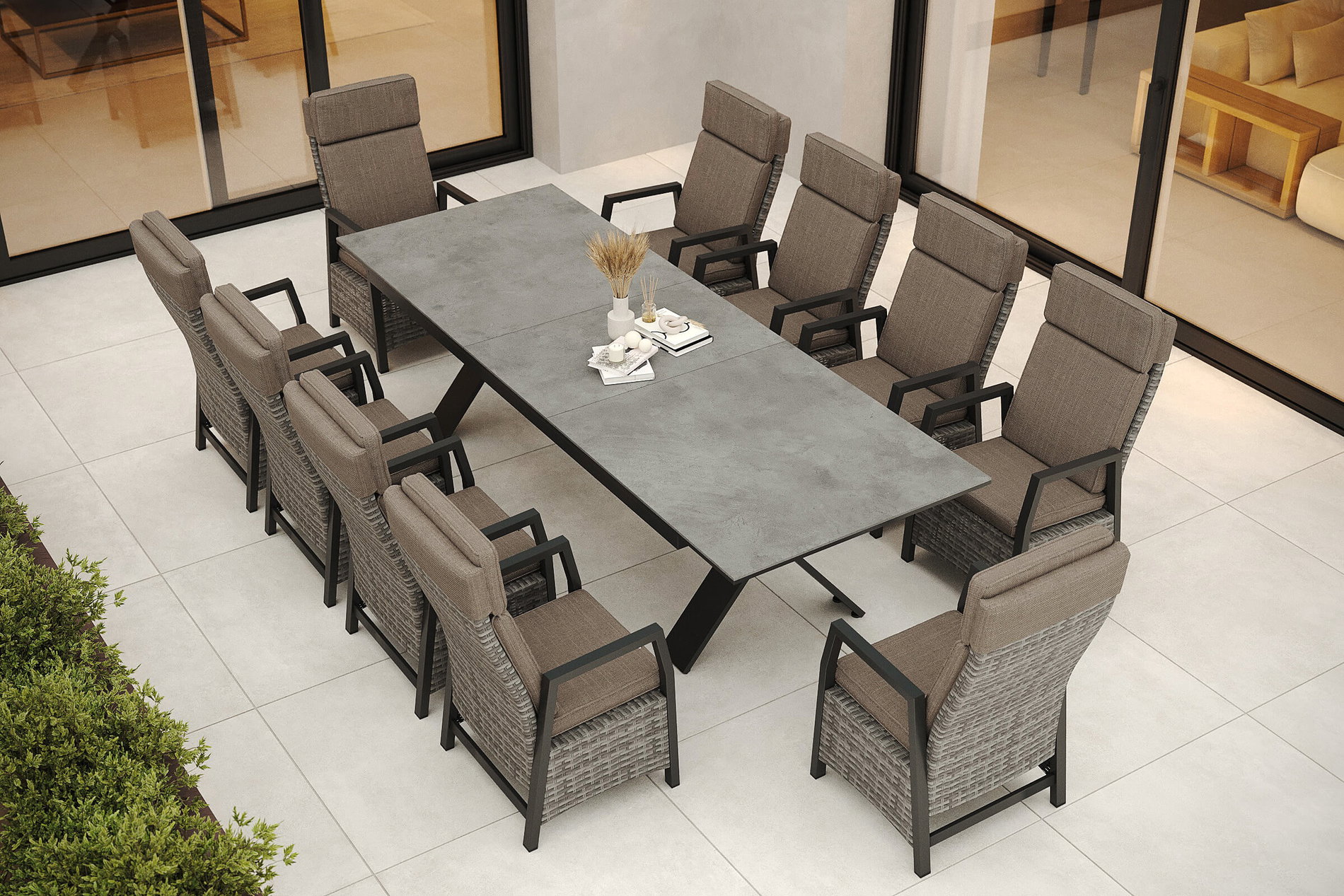 HARTMAN Nova Garten-Essgruppe mit 10 Sesseln, anthrazit/grau, Alu/Polyrattan/Glaskeramik, 220/280 x 100 cm, ausziehbar, verstellbare Rückenlehne