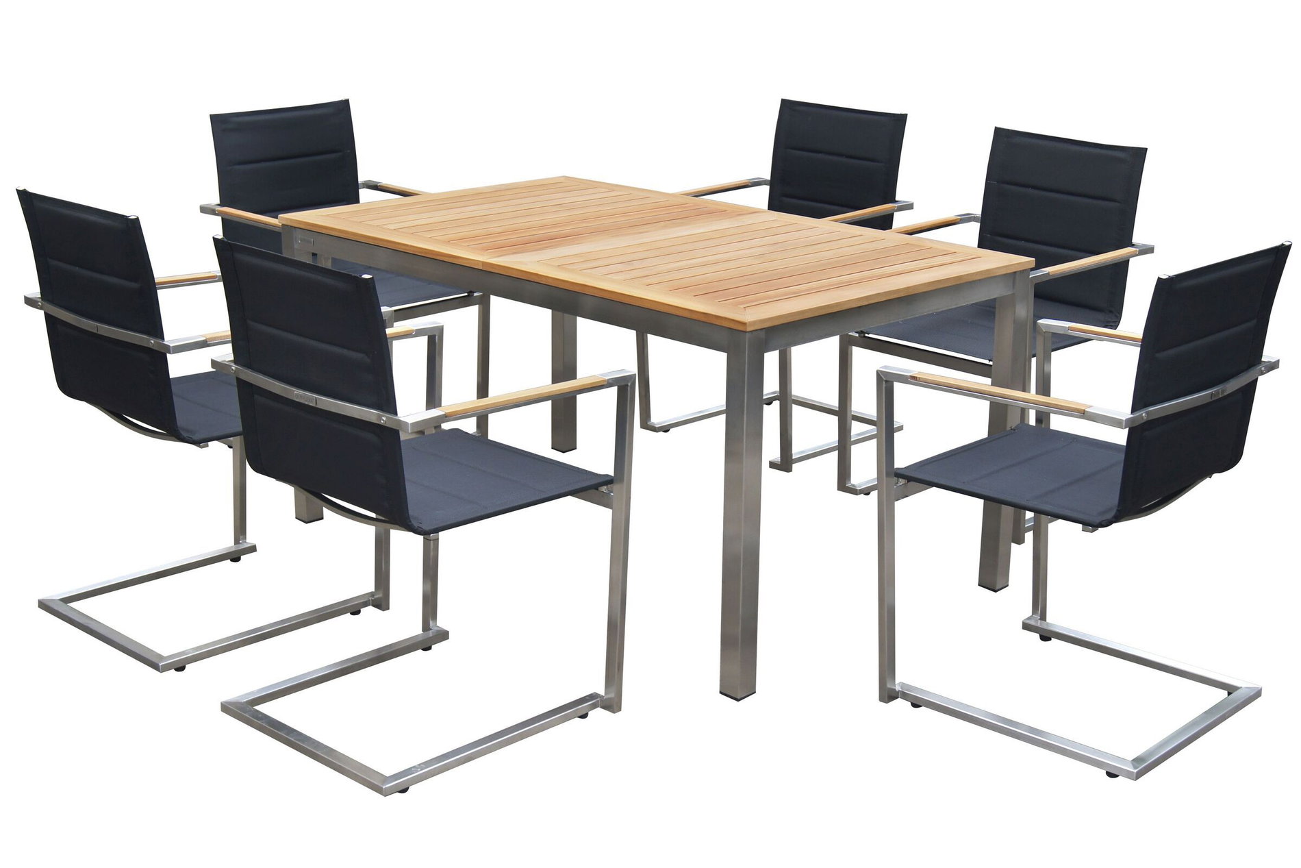 OUTFLEXX Gruppo Pranzo da Giardino, nero, Acciaio inox/Teak, tavolo 180/240 x 100 cm, 6 Sedie Impilabili imbottite, Prodotto certificato FSC® 14137__1