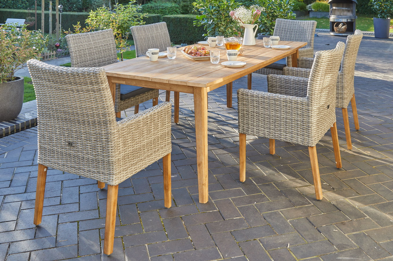 Ploß Borneo/Kota Set da pranzo da giardino, naturale/grigio melange, acacia/alluminio/polirattan, 220x100 cm, 6 poltrone stile country, acacia, prodotto certificato FSC® 28609__1