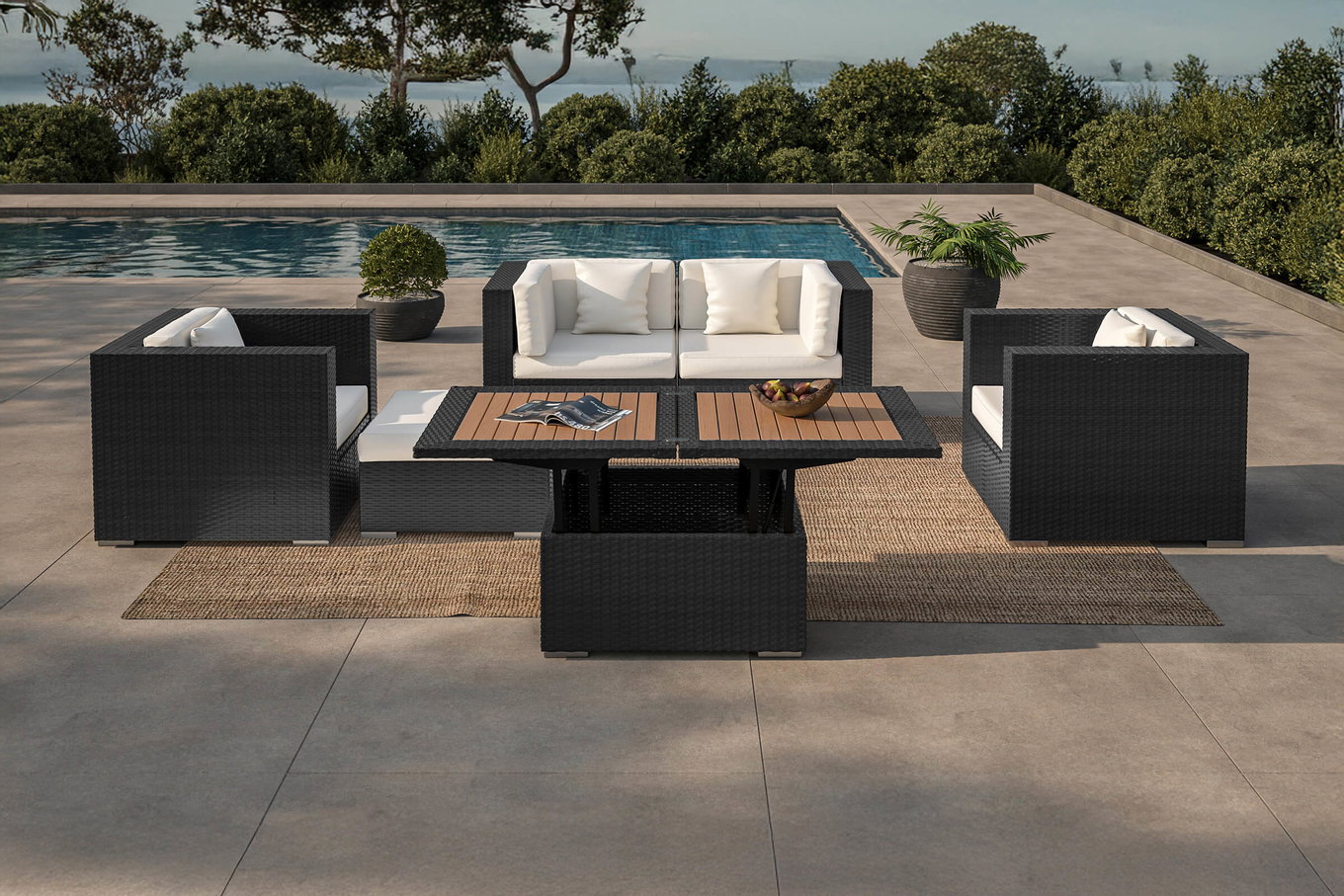 OUTFLEXX salotto da giardino, 5 persone, crema/bianco, nero, polyrattan, incl. tavolino lounge, box portacuscini impermeabile 1299_BOX_D__1