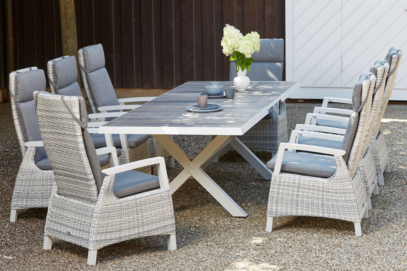 SIENA GARDEN Corido/Sincro Set da Pranzo da Giardino, ice grey/bianco grigio, Alu/Intreccio Gardino®/Ceramica, Tavolo Allungabile 200/260x100 cm, 8 Poltrone Dining Move 22090__1