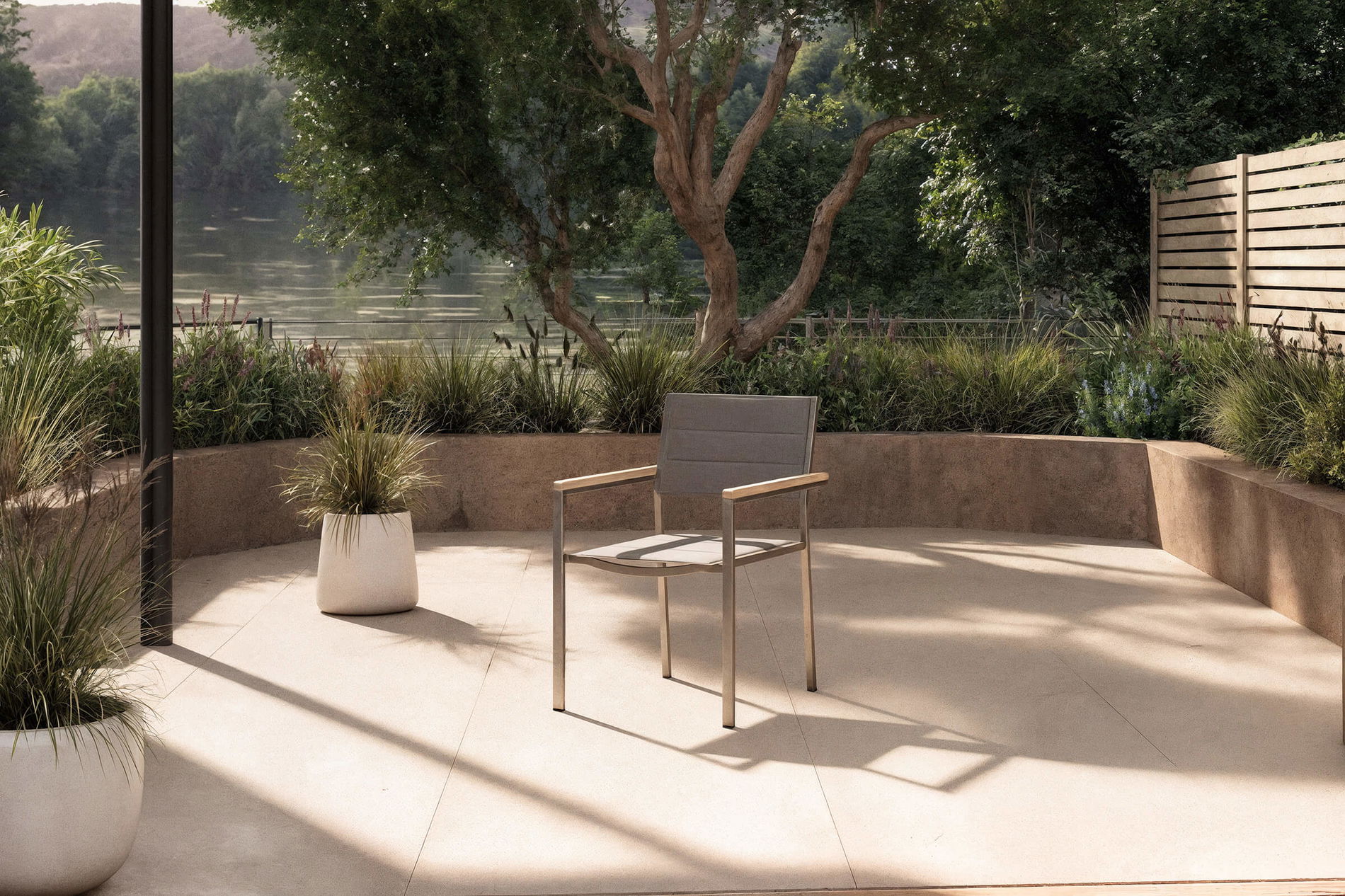 OUTFLEXX Sedia, tortora, acciaio inox/textilene, imbottita, braccioli in legno di teak, 62x56,5x86cm