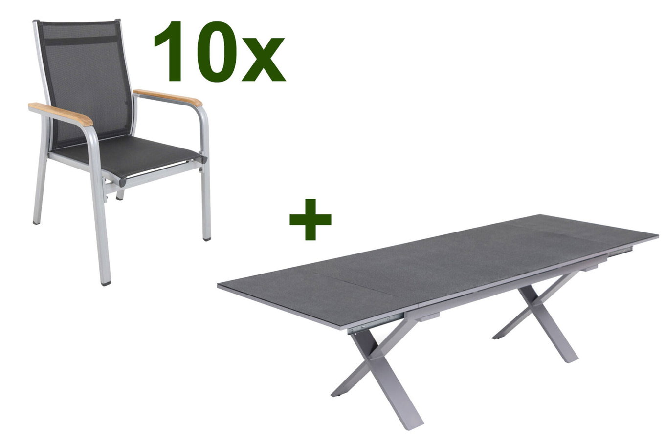 KETTLER Granada gruppo da pranzo da giardino, argento / antracite, alluminio / Spraystone / teak, tavolo 180/280x100cm, 10 sedie impilabili 23021__1