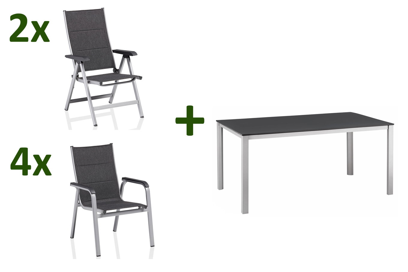 KETTLER KETTALUX-PLUS/Basic Plus Padded salotto, argento/antracite/grigio, Alu/Textilene, tavolo 160x95 cm, 2 sedie pieghevoli, 4 poltrone impilabili 22957__1