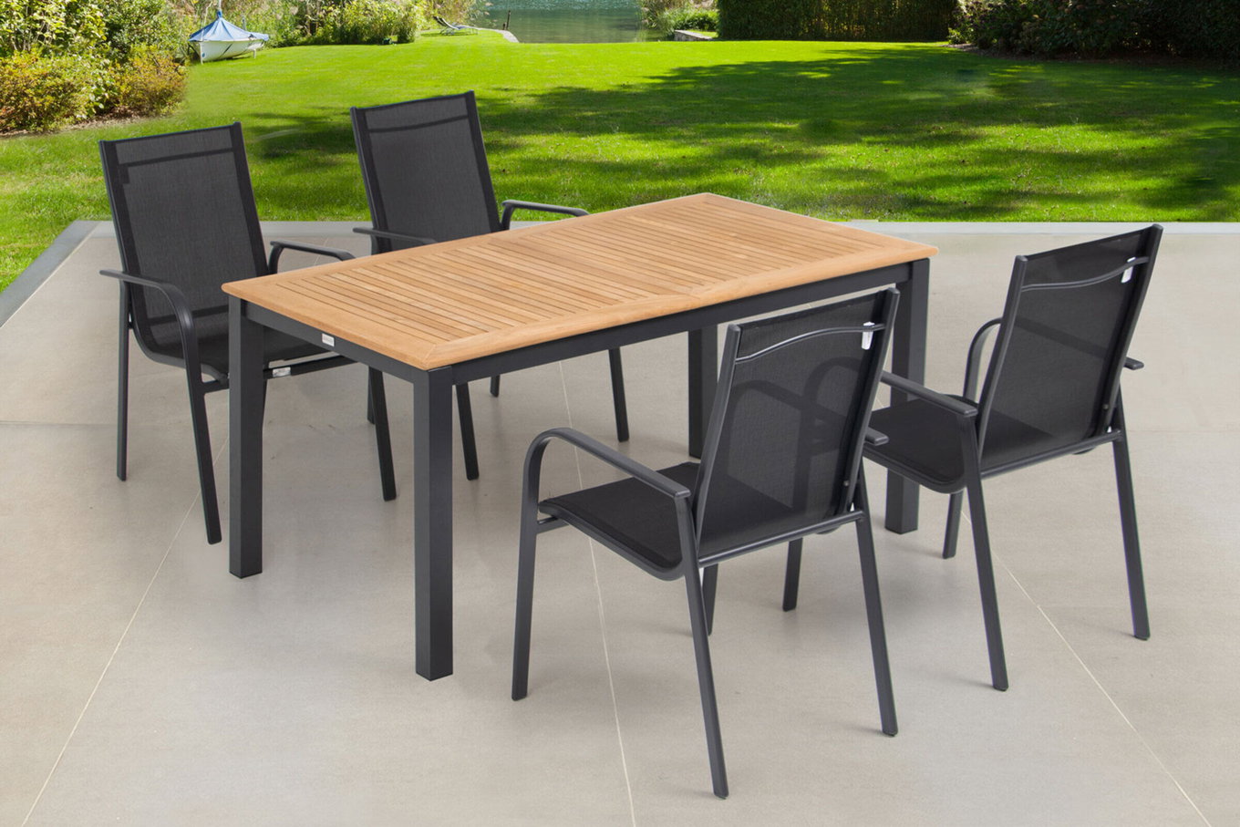 OUTFLEXX Set pranzo da giardino, OUTFLEXX® antracite opaco, Alluminio / Teak / Textilene, Tisch 150/210x90cm, 4 poltrone, impilabili 22182__1