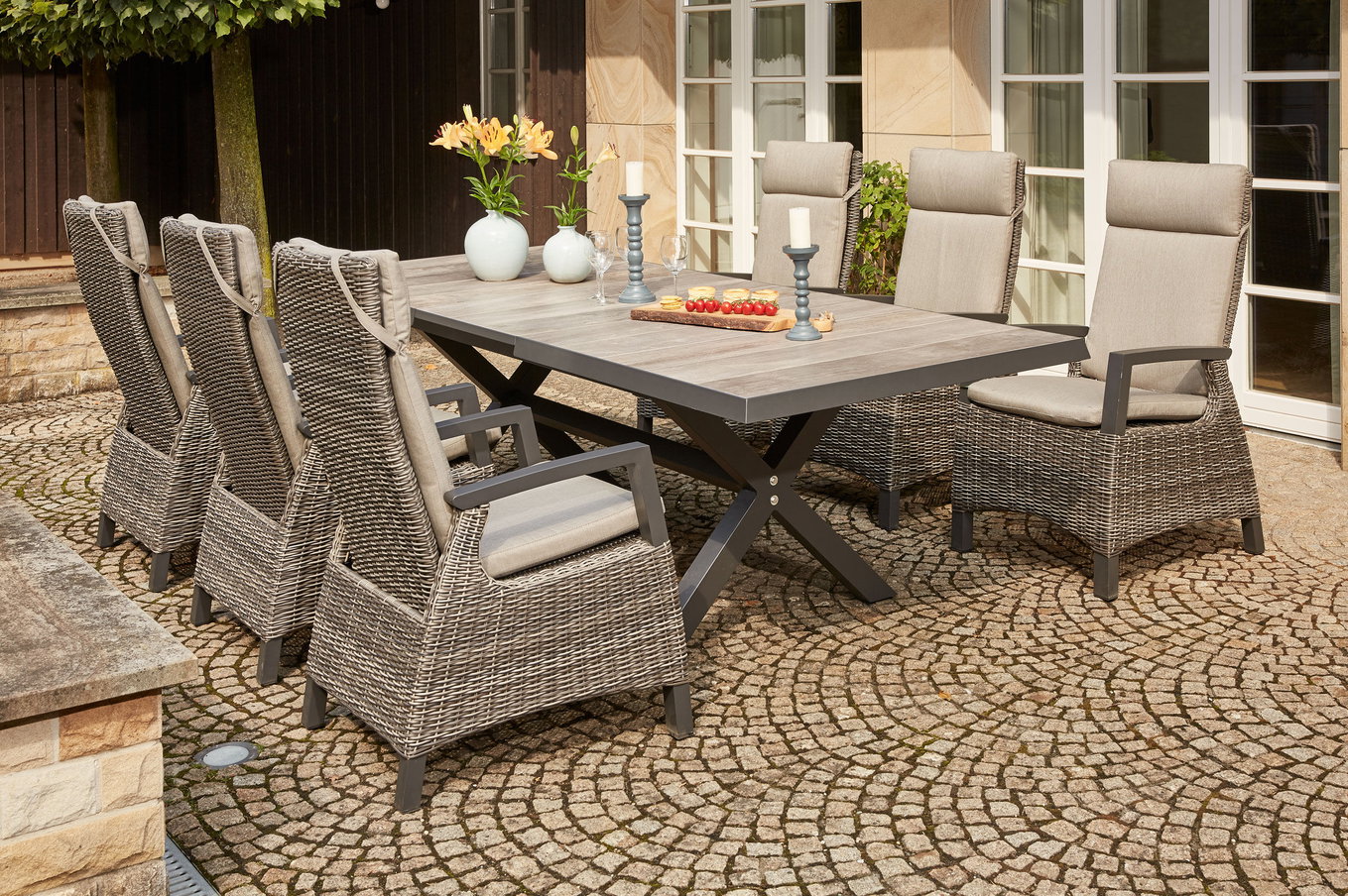 SIENA GARDEN Corido / Sincro Set da Pranzo da Giardino, charcoal, Alu / Intreccio Gardino®, 6 Poltrone da Pranzo, Tavolo Allungabile 200/260 x 100 cm 21521__1