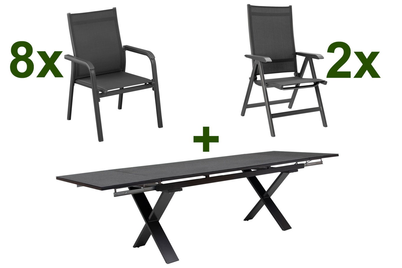 Set da pranzo da giardino KETTLER BasicPlus, antracite, alluminio / Spraystone / textilene, tavolo 180/280 x 100 cm, 8 poltrone impilabili, 2 sedie pieghevoli 23081__1