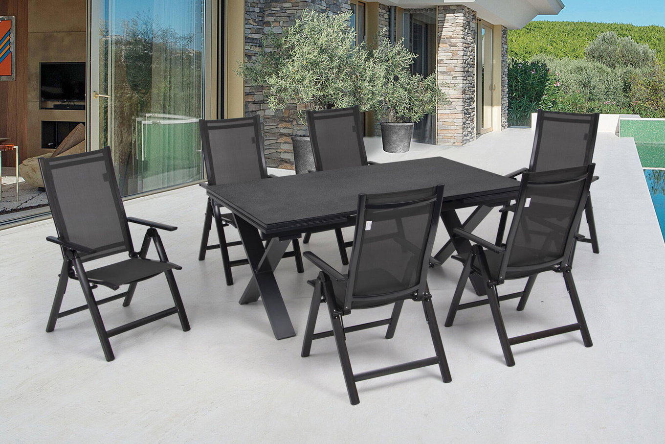 OUTFLEXX Gruppo da pranzo da giardino, antracite, alluminio / ceramica / textilene, 180/280x100cm, 6 sedie pieghevoli 22229__1
