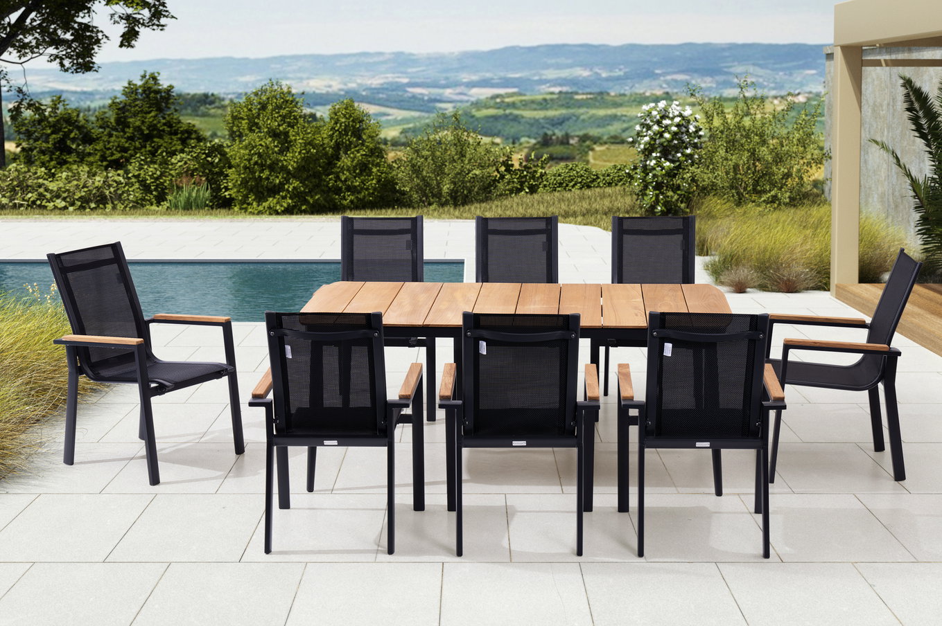 OUTFLEXX Gruppo da Pranzo da Giardino, antracite opaco, Alu/Teak/Textilene, 184x100 cm, 8 poltrone, braccioli in Teak 28204__1