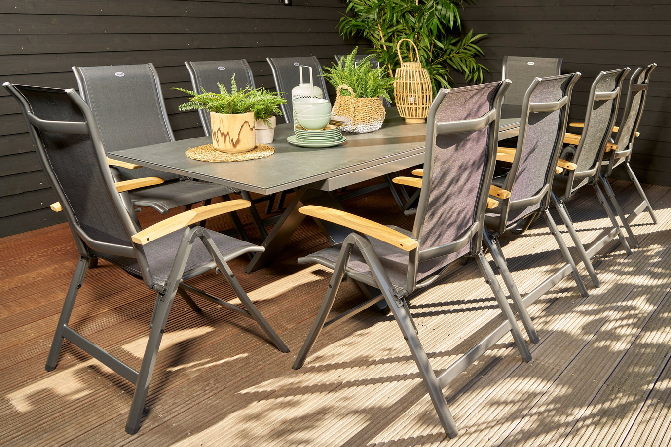 HARTMAN Xanadu/Alice Gruppo da pranzo da giardino, xerix, Alu/Vetroceramica/Teak/2x2 Tessuti, 220/280x100 cm, 10 Sedie impilabili 24174__1
