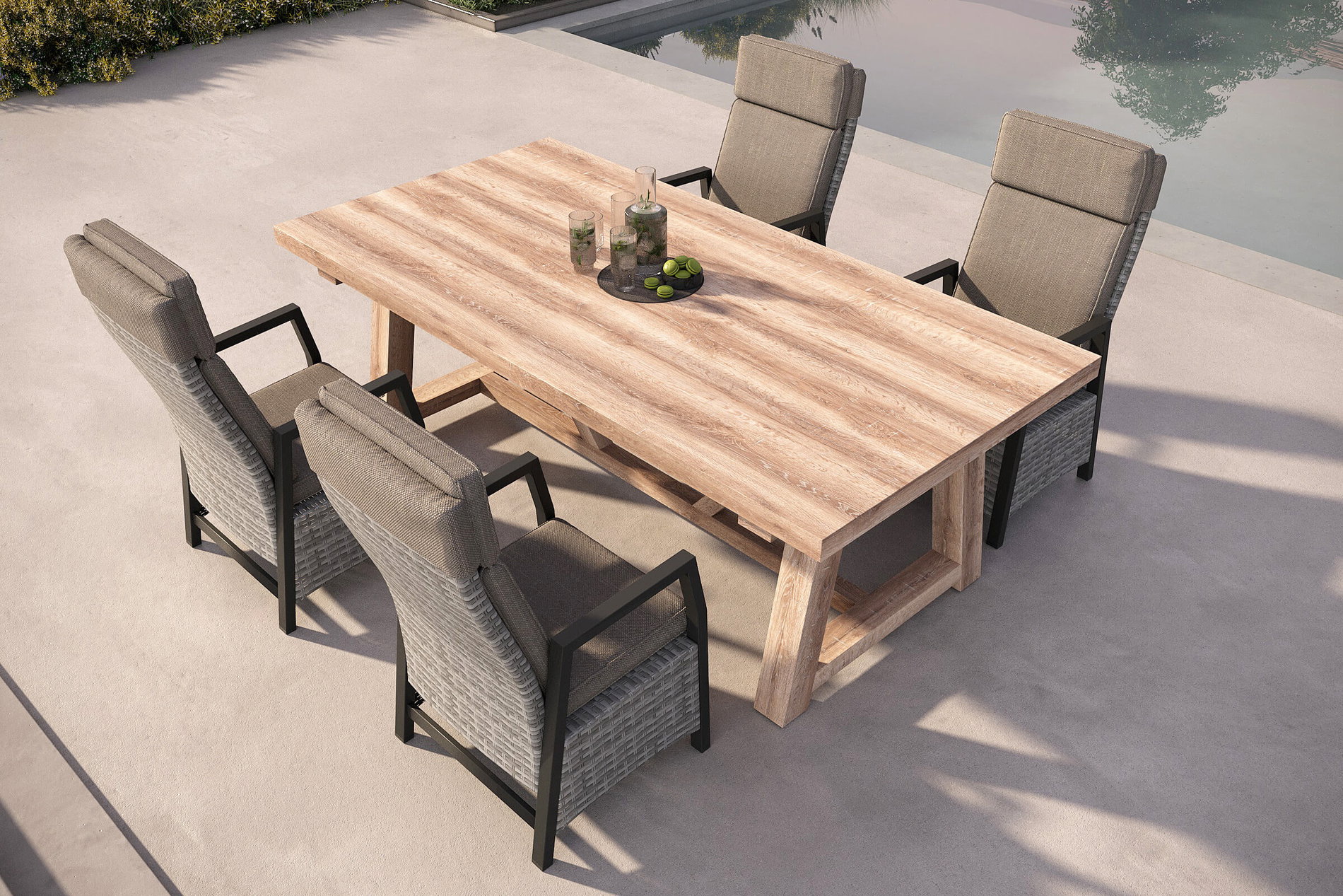 OUTFLEXX Nova Garten-Essgruppe mit 4 Sesseln, anthrazit/grau/natur, Alu/Polyrattan/Teakholz, 220 x 110 cm, verstellbare Rückenlehne OUTFLEXX Nova Garten-Essgruppe mit 4 Sesseln, anthrazit/grau/natur, Alu/Polyrattan/Teakholz, 220 x 110 cm, verstellbare Rückenlehne