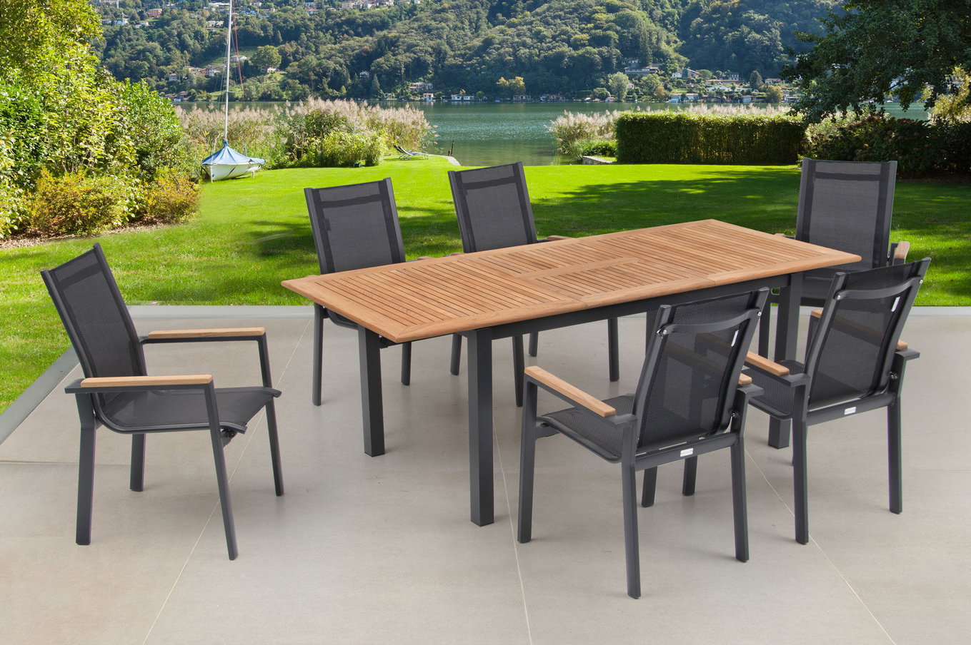 OUTFLEXX Gruppo da pranzo da giardino, antracite opaco, alluminio/teak/textilene, tavolo 150/210 x 90 cm, 6 poltrone impilabili 22169__1