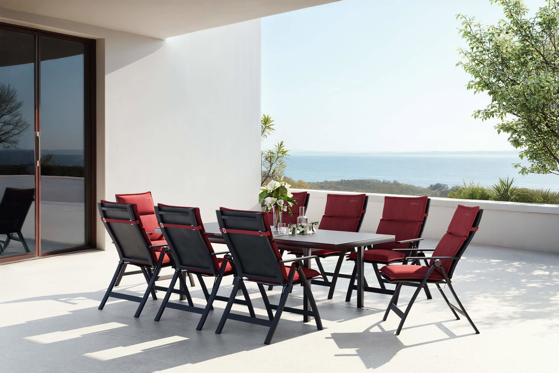 OUTFLEXX Lagos Set da pranzo da giardino, antracite/bordeaux, alluminio/textilene, tavolo 180/240 x 100 cm, 8 sedie pieghevoli, inclusi cuscini
