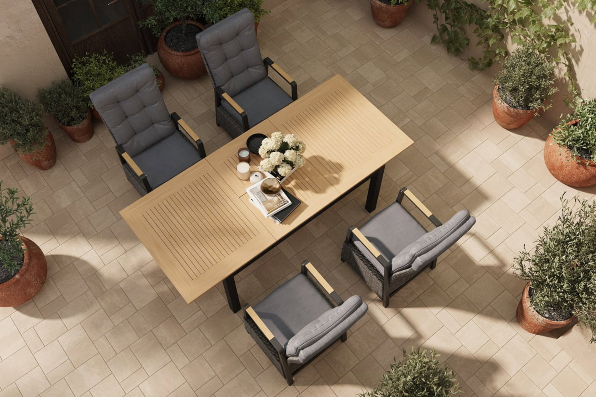 HARTMAN Nova Garten-Essgruppe mit 4 Sesseln, anthrazit/grau/natur, Alu/Polyrattan, Tisch 150/210 x 90 cm, verstellbare Rückenlehne mit Teak-Armlehnen, FSC®-zertifiziertes Produkt