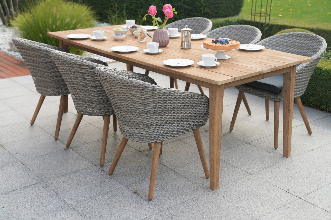 Ploß Borneo/Kota Set da pranzo da giardino, naturale/grigio melange, acacia/alluminio/polirattan, 220x100 cm, 6 poltrone cocktail, acacia, prodotto certificato FSC® 28607__1