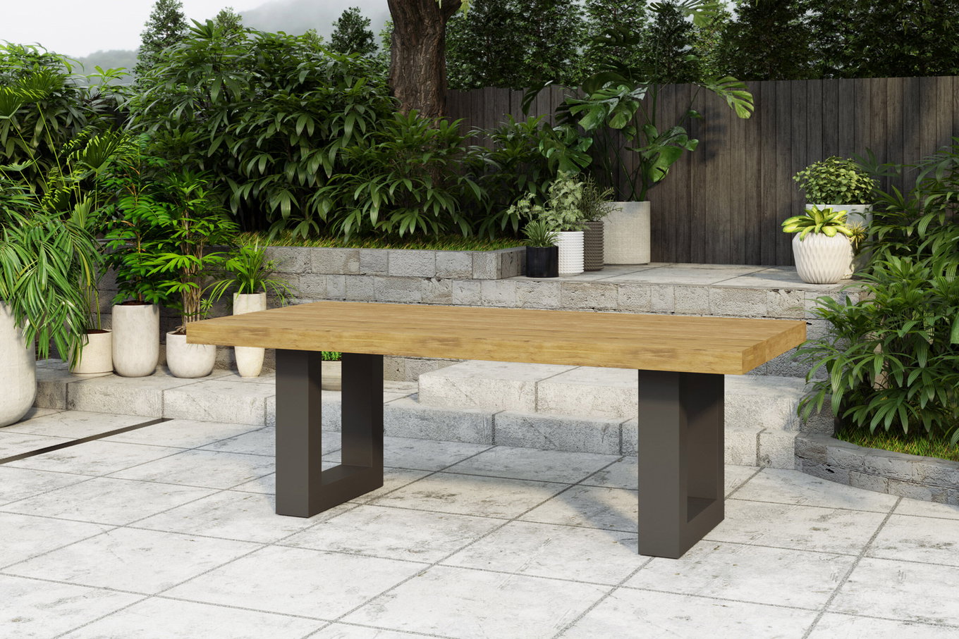 OUTFLEXX Tavolo da pranzo, antracite/naturale, Alluminio/Teak riciclato, 220 x 100 cm, rustico spazzolato, prodotto certificato FSC® 30866__1