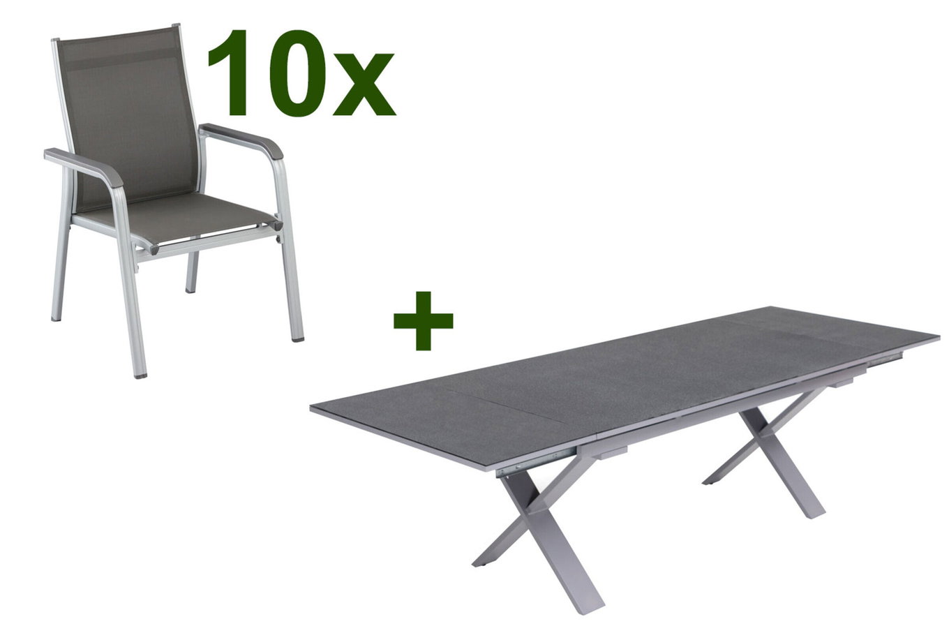 KETTLER BasicPlus gruppo pranzo da giardino, argento / antracite, alluminio / Spraystone / textilene, tavolo 180/280x100cm, 10 sedie impilabili 23012__1