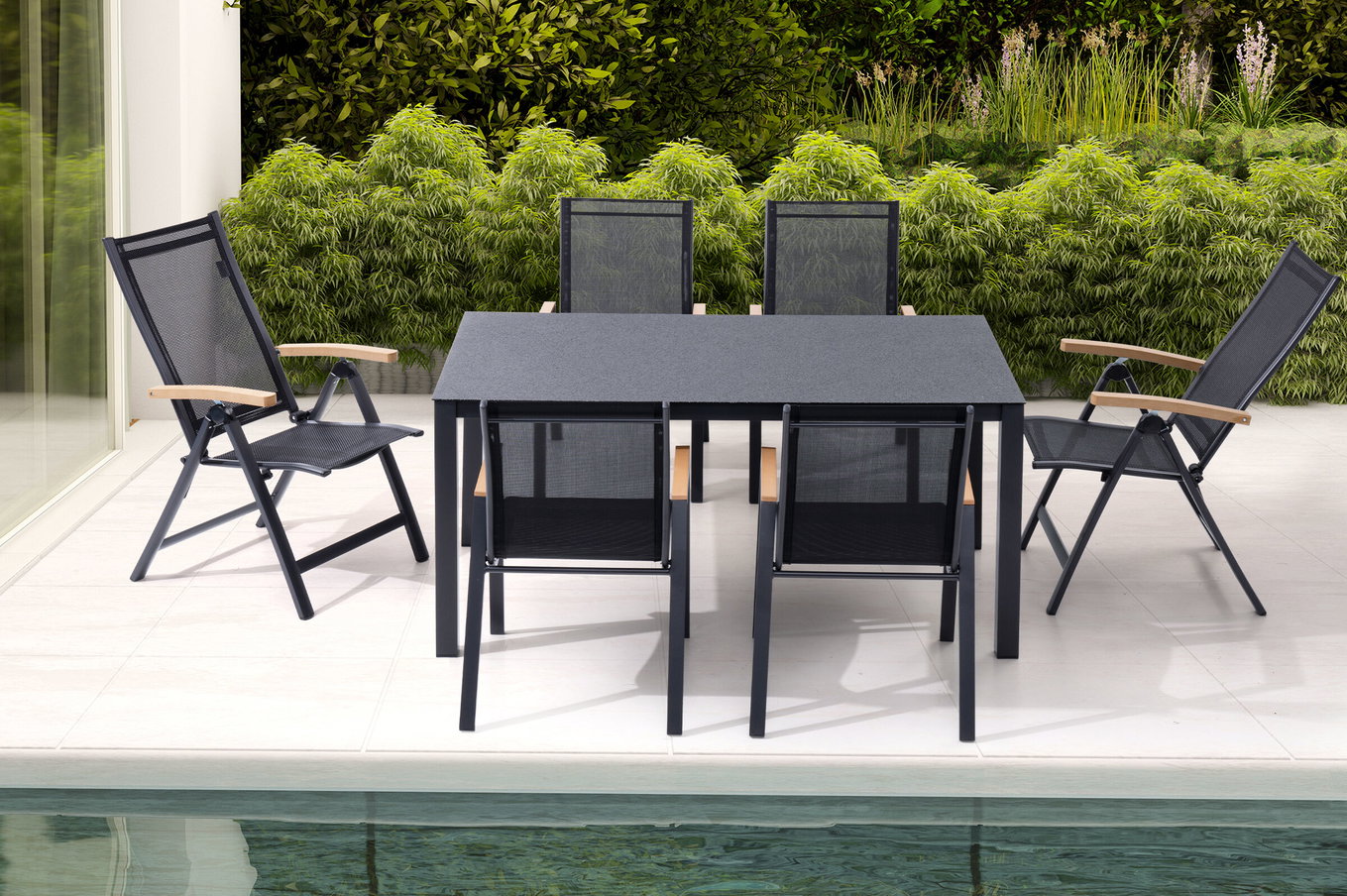 OUTFLEXX Gruppo pranzo da giardino, antracite opaco/grigio/nero, Alu/Spraystone/Textilene, 160 x 95 cm, 4 sedie impilabili, 2 sedie pieghevoli 28194__1