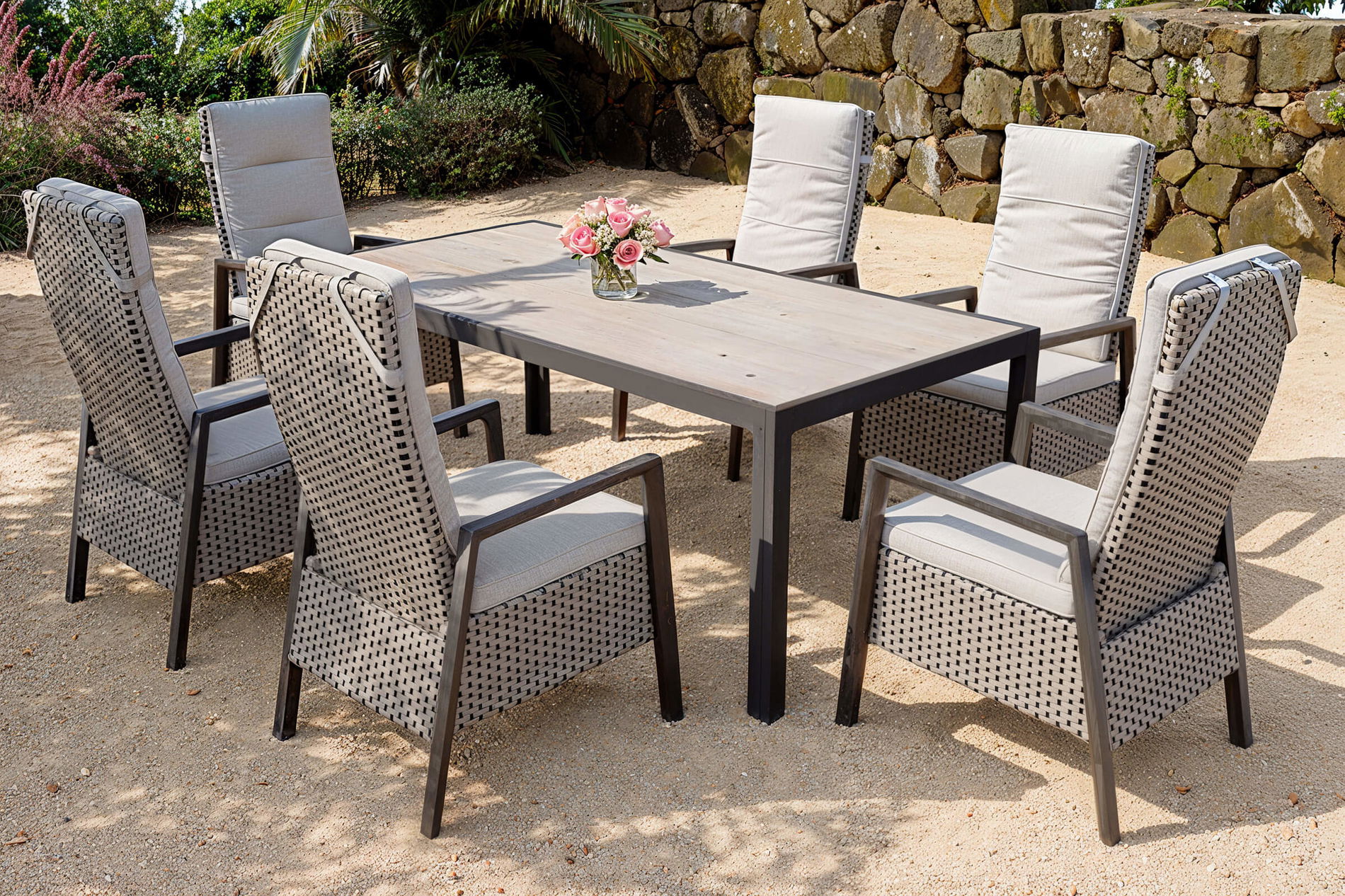Ploß Louvra 2/Darwin Set da pranzo da giardino, naturale/antracite alluminio/ceramica/polyrattan, tavolo 200 x 100 cm, 6 poltrone dining