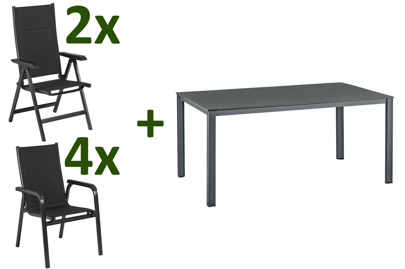 KETTLER KETTALUX-PLUS/Basic Plus Padded salotto, antracite, Alu/Textilene, tavolo 160x95 cm, 2 sedie pieghevoli, 4 poltrone impilabili 22983__1